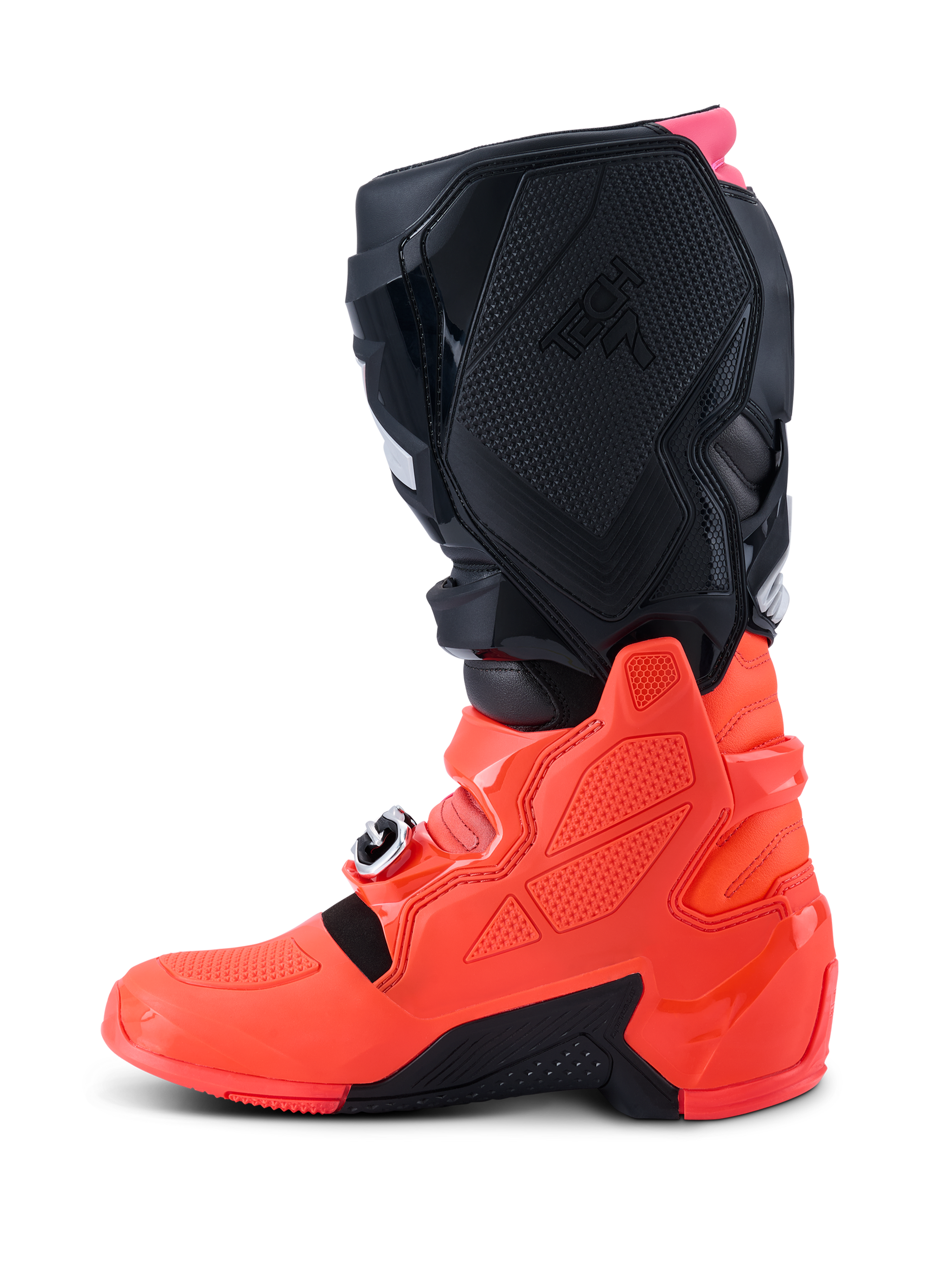 Alpinestars Tech 7 Boots, Motocross Boots, Black Red Fluo and Pink Fluo, side profile view highlighting the TPU lower shell, buckle closure system, and textured protection panels for off-road performance