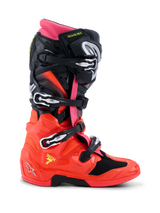 Alpinestars Tech 7 Boots, Motocross Boots, Black Red Fluo and Pink Fluo, side profile showing technical design with quick-release buckles, glossy TPU lower shell, and dual-pivot system for off-road racing.