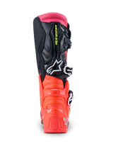 Alpinestars Tech 7 Boots, Motocross Boots, Black Red Fluo and Pink Fluo, rear view showcasing the reinforced TPU heel, multi-material upper, and pink top gaiter.