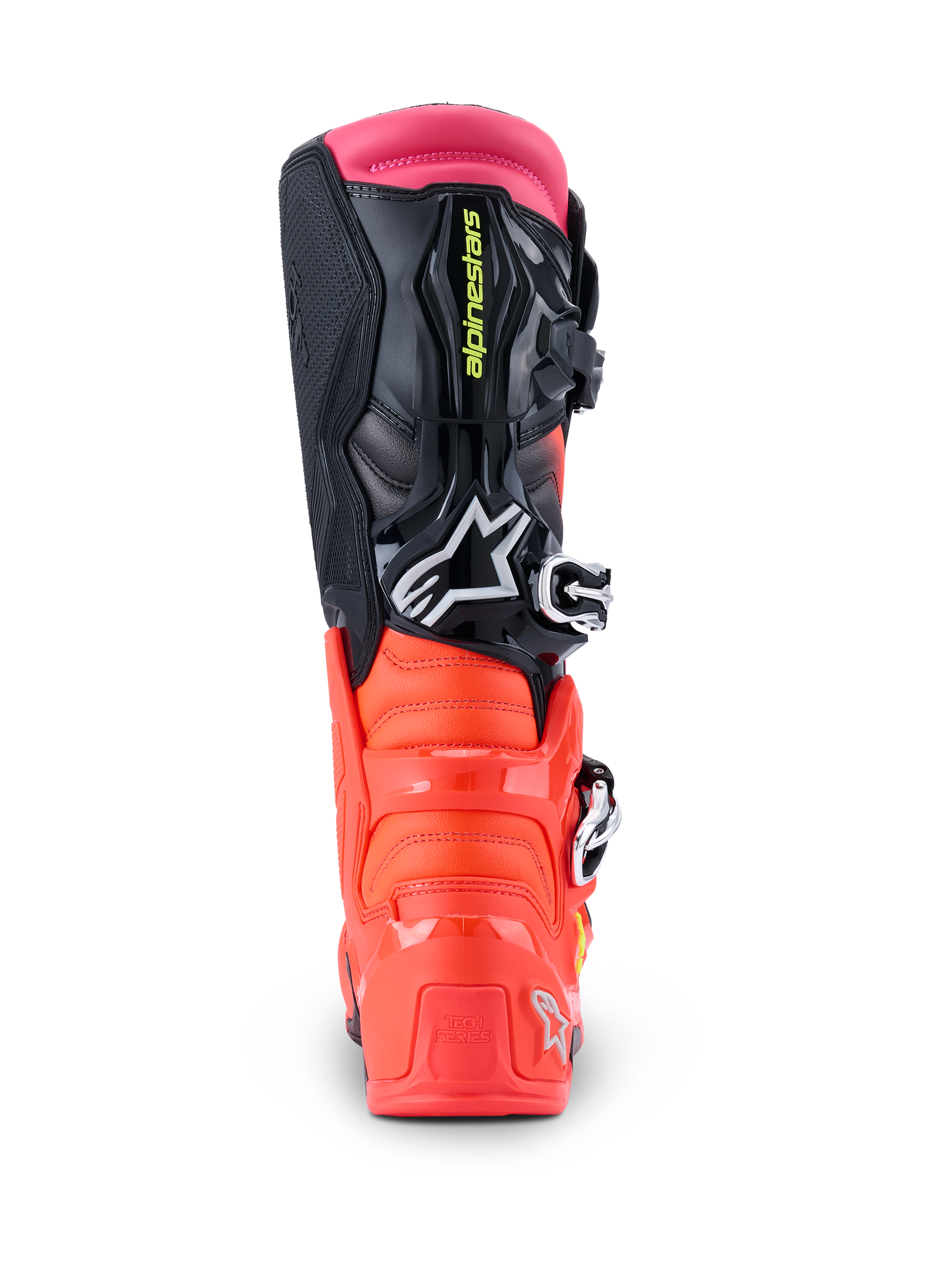 Alpinestars Tech 7 Boots, Motocross Boots, Black Red Fluo and Pink Fluo, rear view showcasing the reinforced TPU heel, multi-material upper, and pink top gaiter.