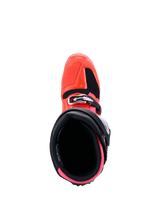 Alpinestars Tech 7 Boots, MX26 Collection, Motocross Boots, Black Red Fluo and Pink Fluo, top-down view looking into the interior opening, featuring bright pink lining and red fluo exterior shell with buckle closure.