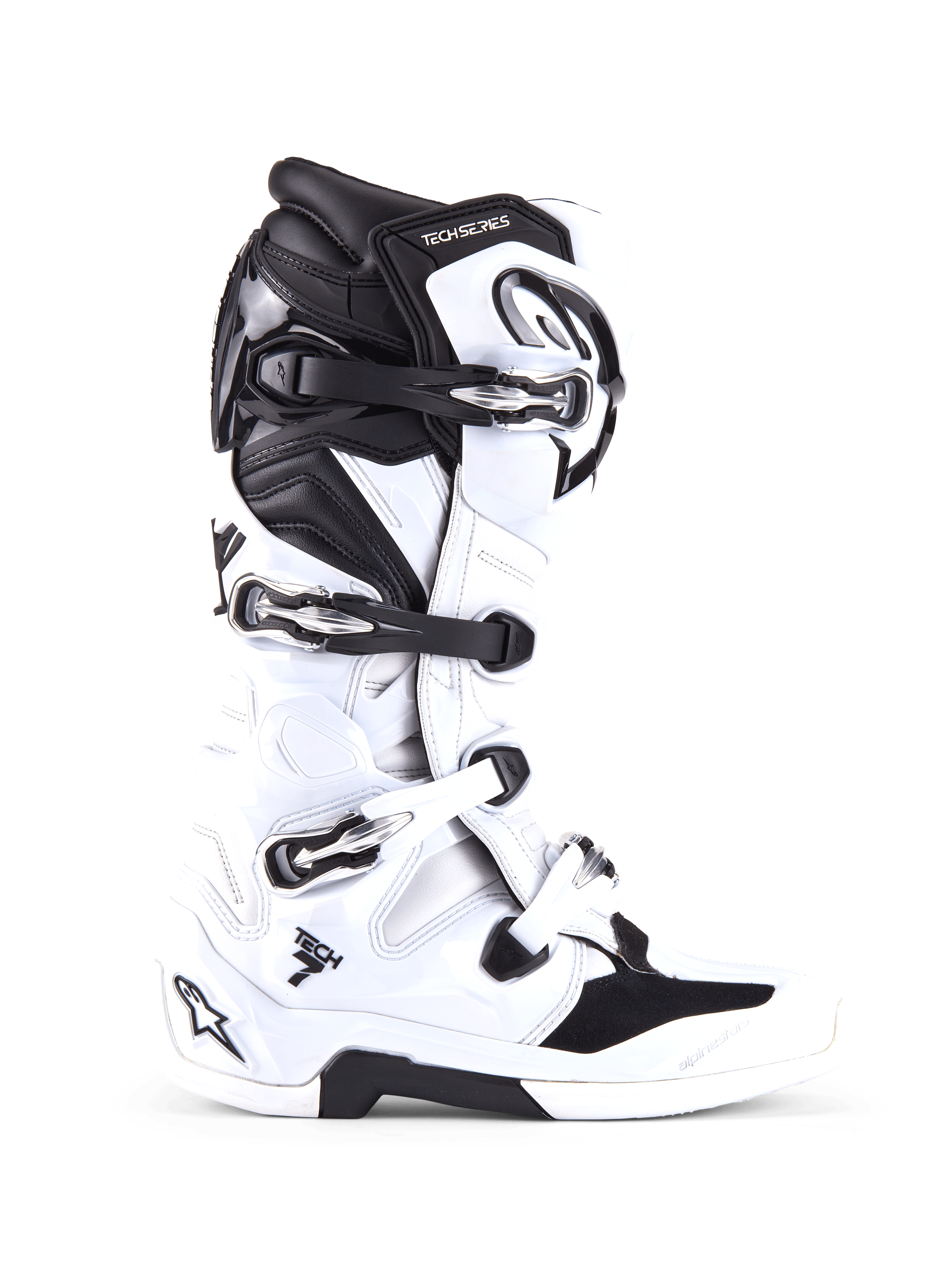 Alpinestars Tech 7 laarzen, motorcross off-road laarzen, wit en zwart, met vier verstelbare gespen en versterkte TPU-schaal, zijprofiel van professioneel off-road schoeisel