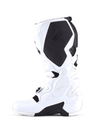 Alpinestars Tech 7 Boots, Motocross Boots, White and Black, medial side profile featuring a large black protective inner calf panel with Tech 7 branding, white TPU construction, and textured grip surfaces.