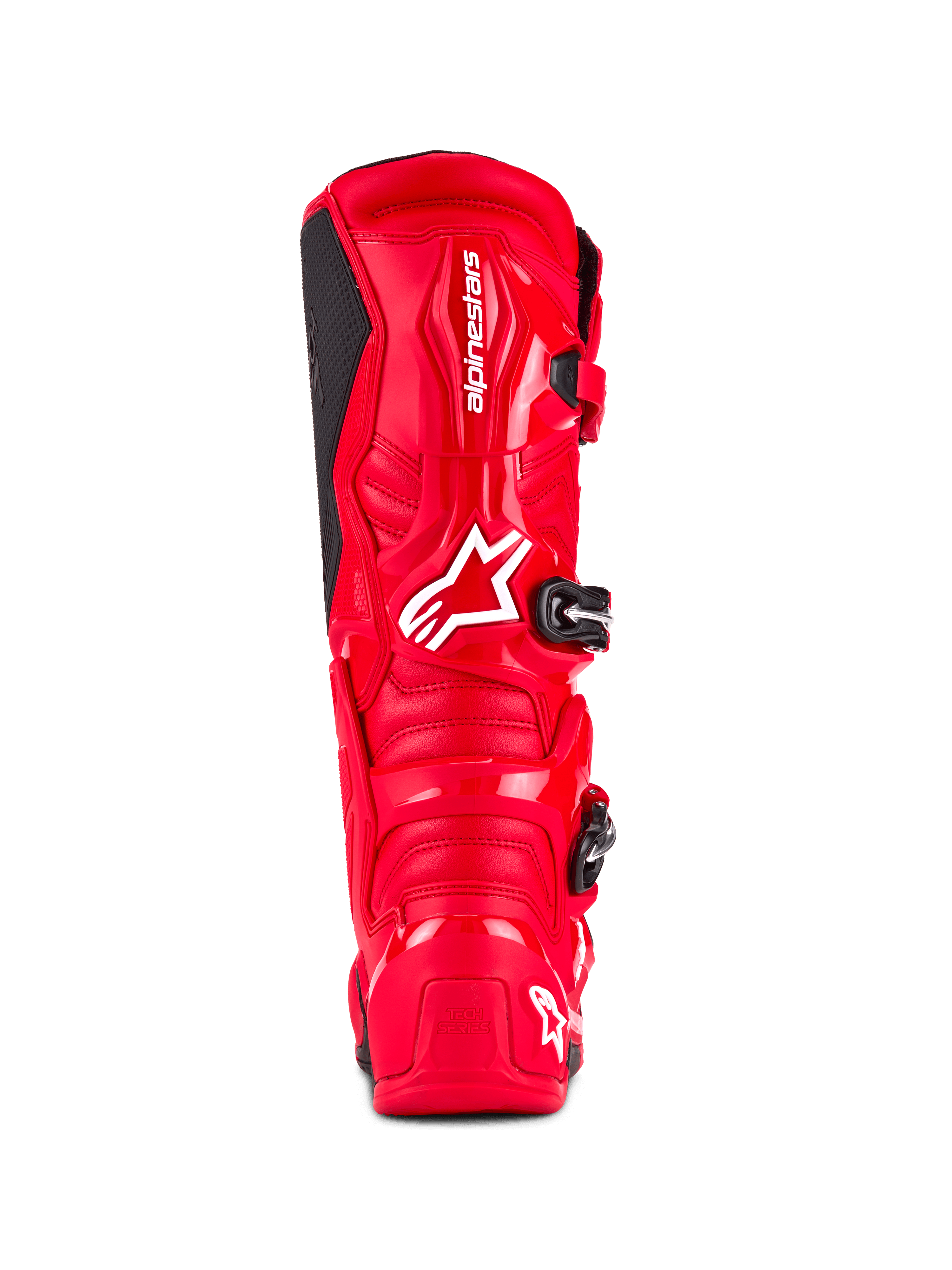 Alpinestars Tech 7 Laarzen, motocrosslaarzen, helderrood, achteraanzicht met een schokbestendige TPU-schaal, wit Alpinestars-logo op de kuit en 'Tech Series'-logo op de hiel, ontworpen voor off-road prestaties en bescherming