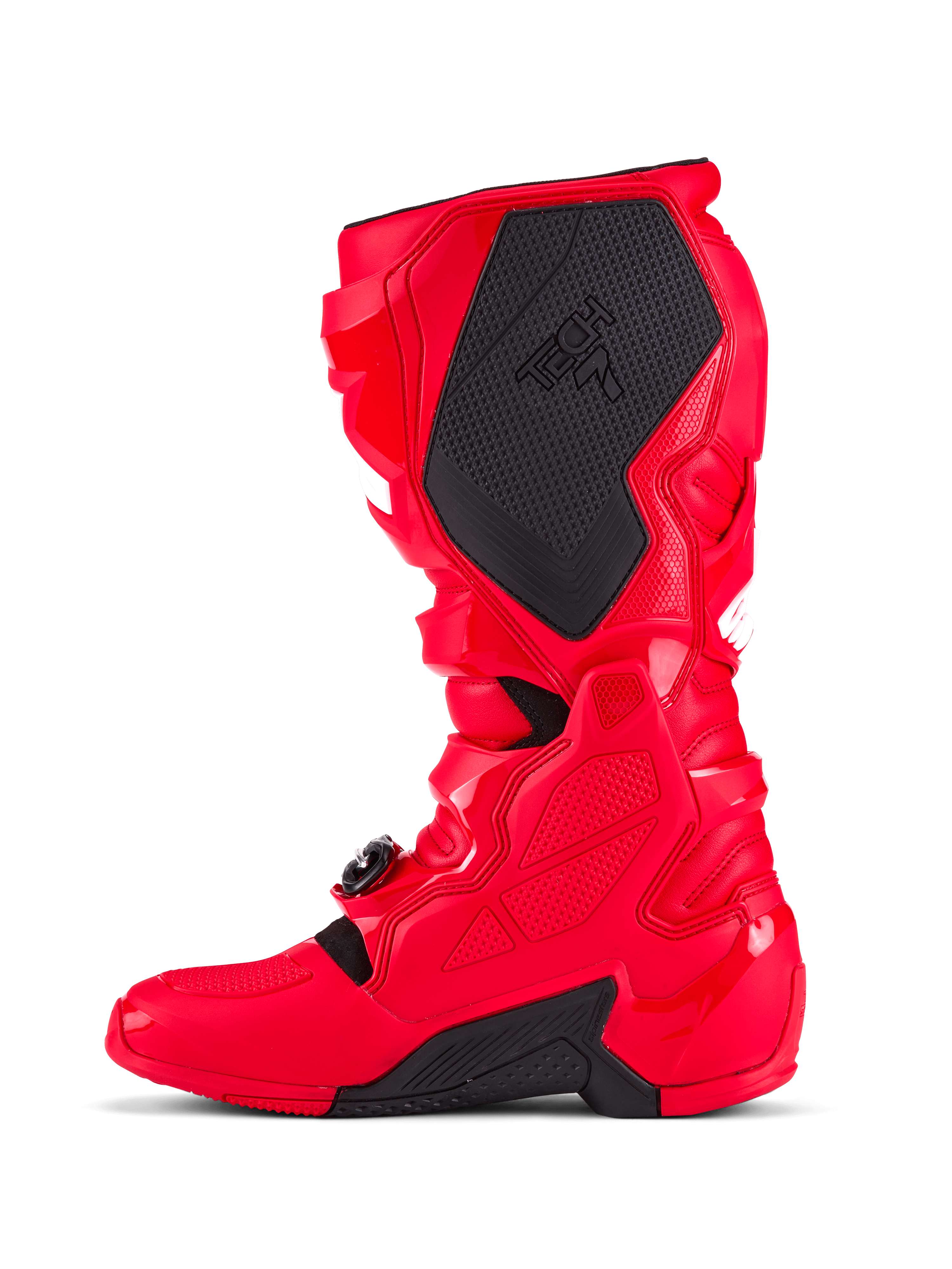 Alpinestars Tech 7 Laarzen, motorcrosslaarzen, felrood, mediale zijde met een groot zwart getextureerd grippaneel met Tech 7-branding, TPU-beschermende schaal en verstelbaar gespsluitingssysteem voor off-road racing