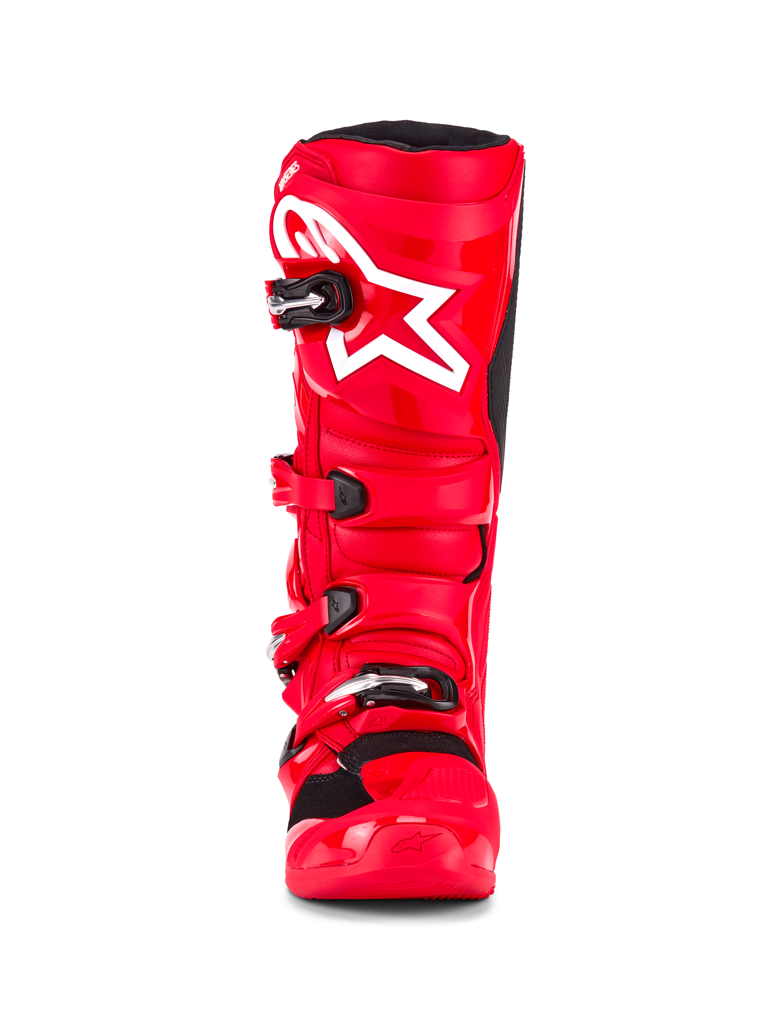 Alpinestars Tech 7 Laarzen, motorcrosslaarzen, felrood, vooraanzicht met een wit sterlogo op het scheenbeen, zwarte gespsluitingen en een hoogwaardige TPU-beschermende schaal.