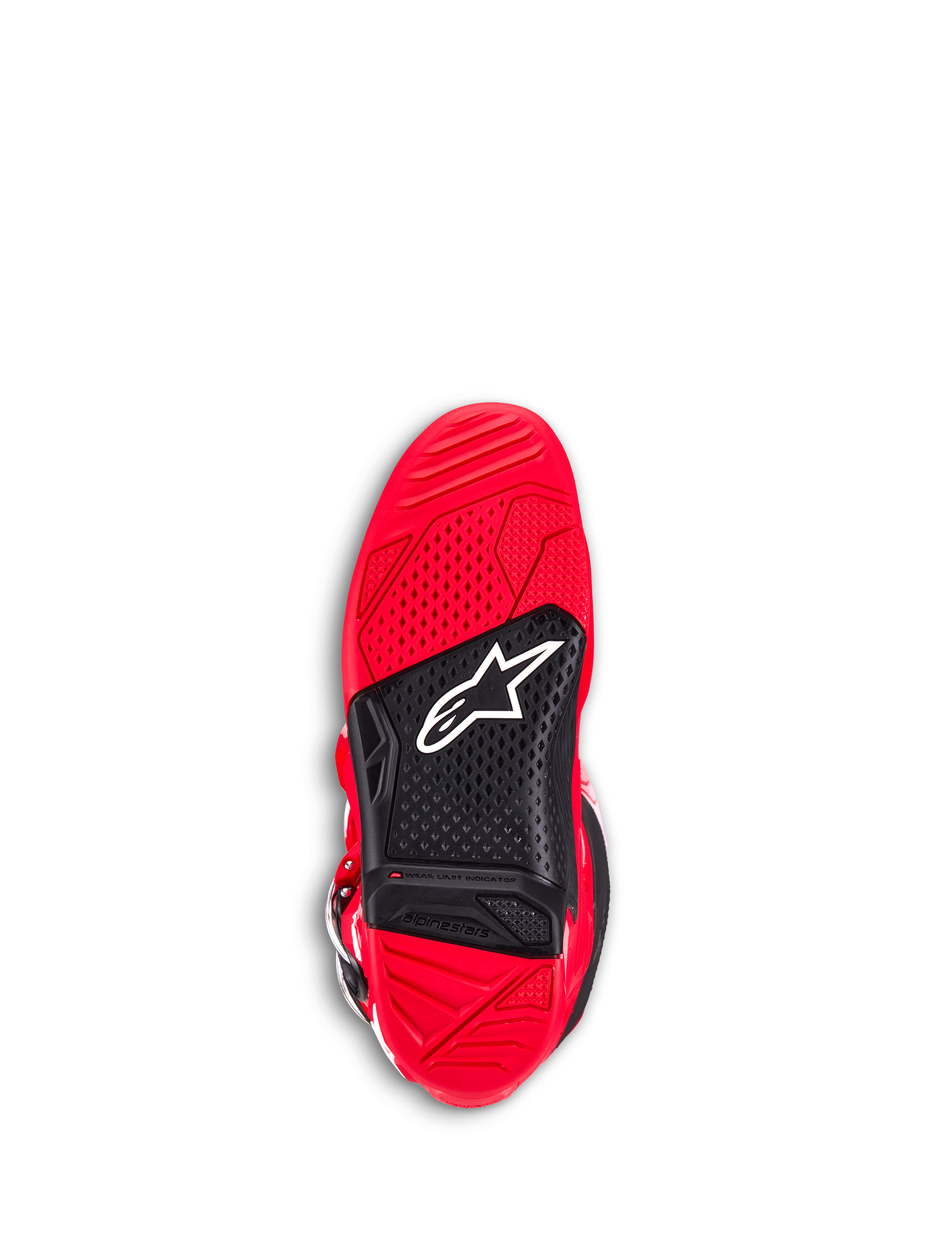Alpinestars Tech 7 laarzen, motocrosslaarzen, felrood, onderaanzicht van de buitenzool, voorzien van rood en zwart dual-compound rubber, getextureerde grip voor voetsteunen, wit Astar-logo en een zichtbare slijtage-indicator