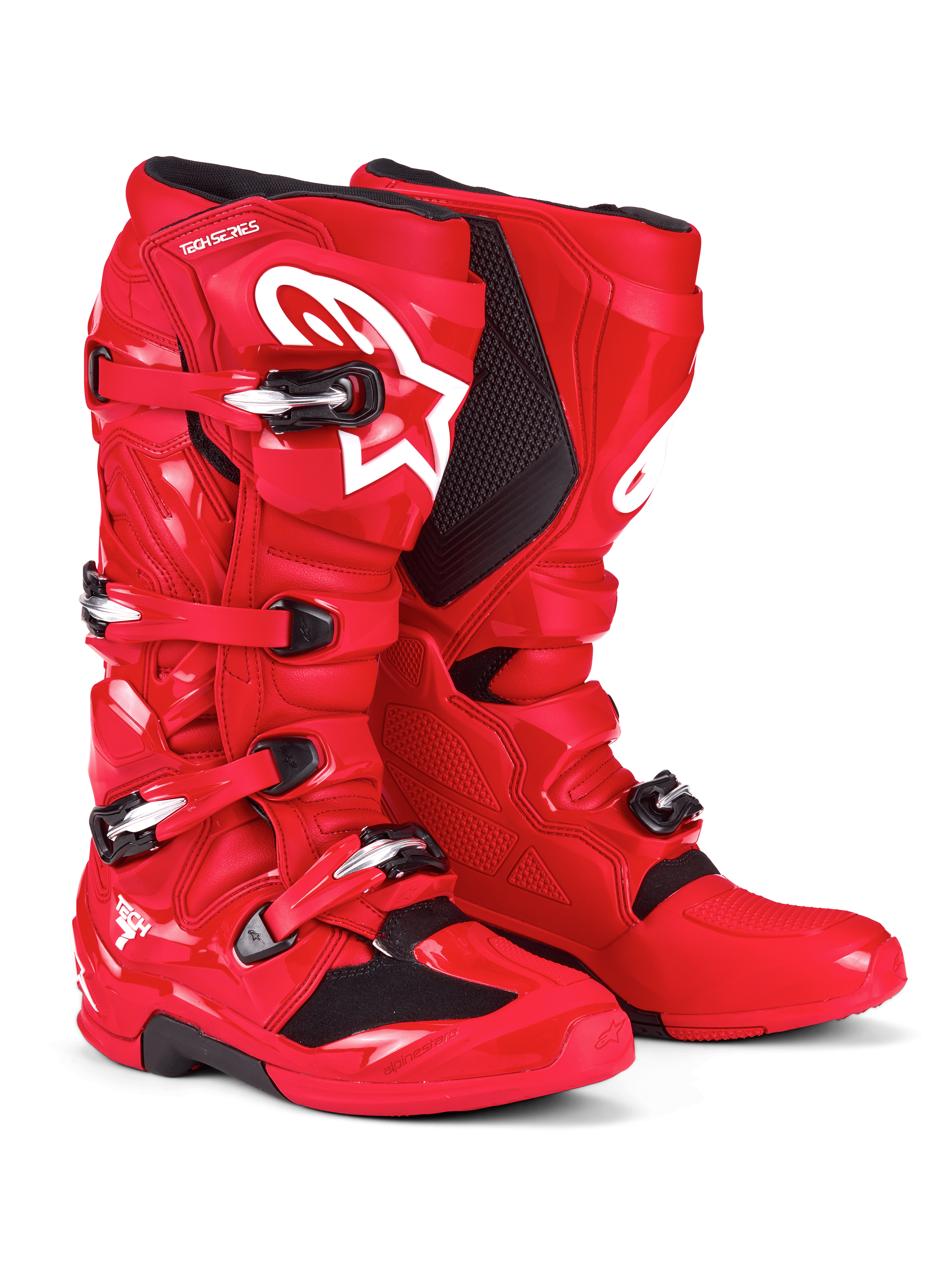 Alpinestars Tech 7 laarzen, motorcrosslaarzen, helderrood, met wit Astars-logo op de scheenplaat, zilverkleurig en zwart gespsluitingssysteem en beschermende TPU-schaal voor off-road prestaties
