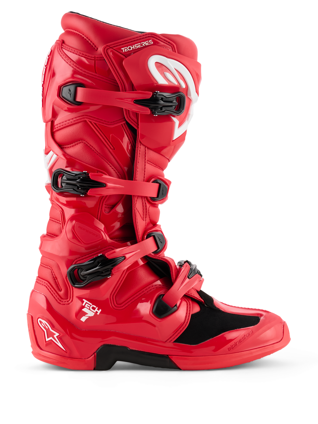 Alpinestars Tech 7 motorlaarzen, motorcross off-road laarzen, rood met zwarte gespen en witte logo's, beschermende constructie met meerdere verstelbare sluitingen, zwarte zool, robuust en hoekig ontwerp
