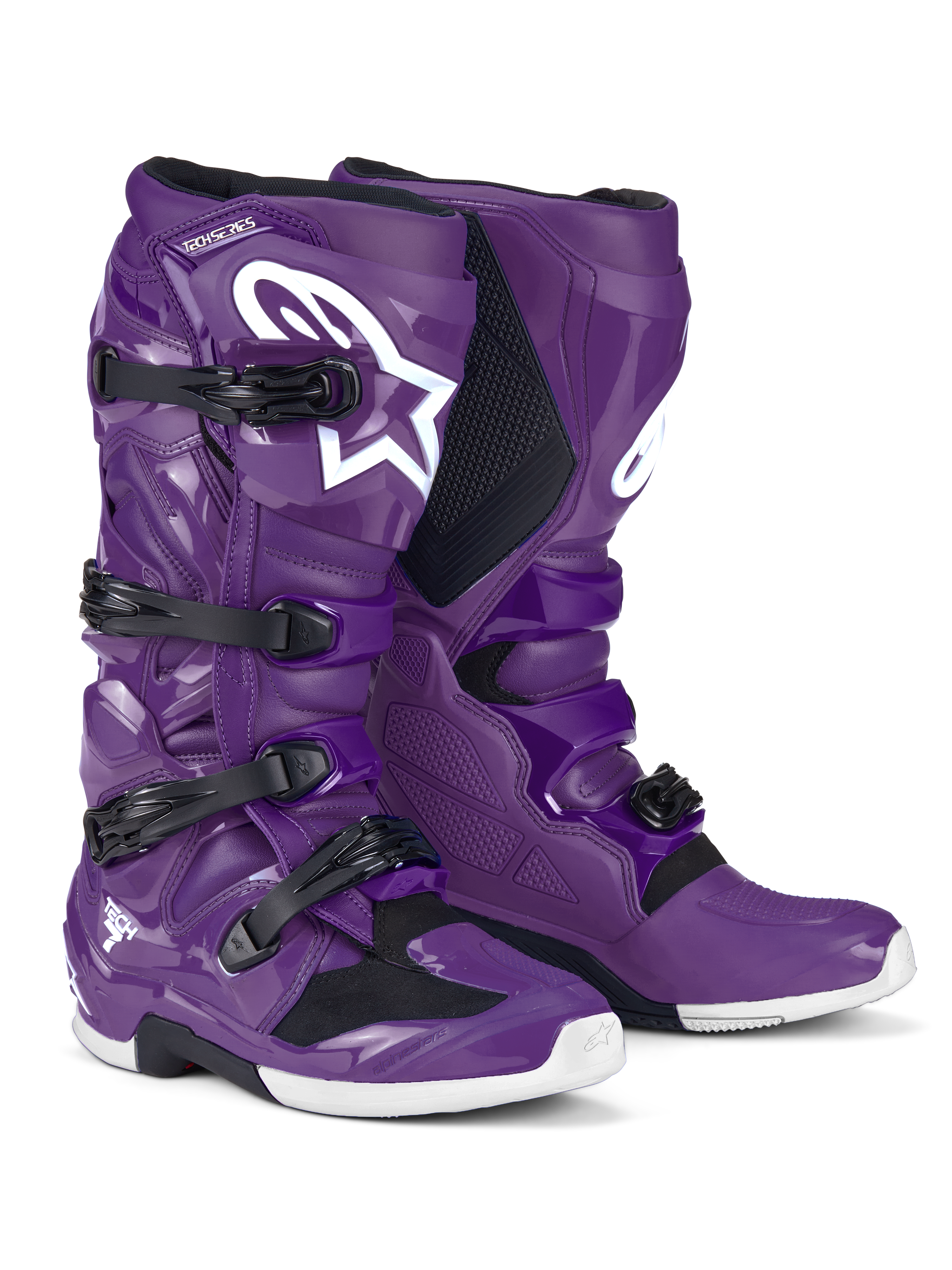 Alpinestars Tech 7 Boots, Motocross Boots, Purple, featuring black buckles and a large white Astars logo, high-performance protective design with four-strap closure and durable TPU shell for off-road dirt racing