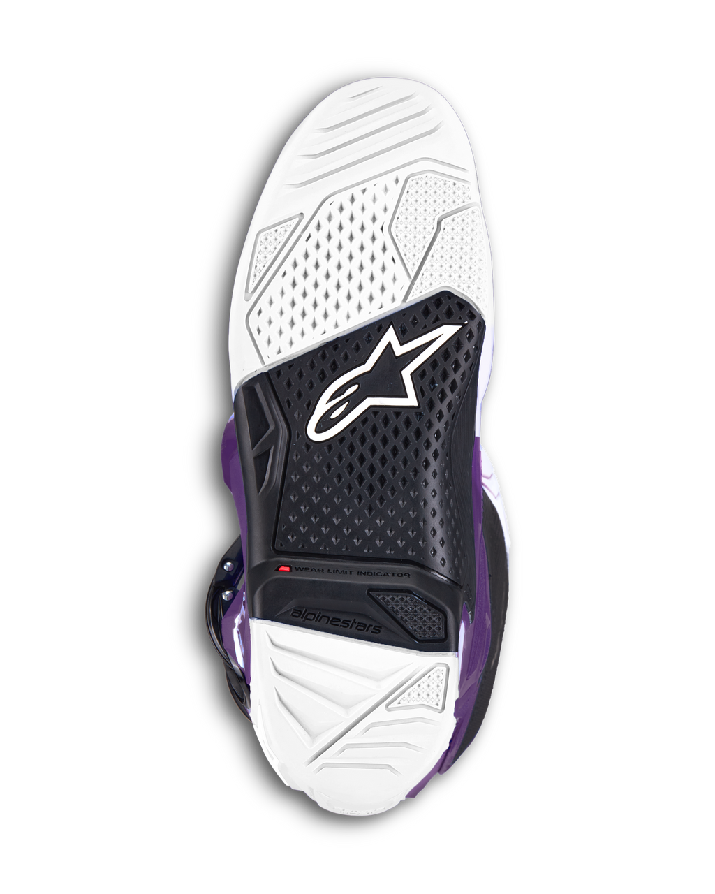 Alpinestars Tech 7 Boots, Purple Motocross Boots, bottom sole view showing white and black dual-compound vulcanized rubber, featuring the Alpinestars logo and a visible red wear limit indicator for off-road performance.