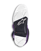 Alpinestars Tech 7 Boots, Purple Motocross Boots, bottom sole view showing white and black dual-compound vulcanized rubber, featuring the Alpinestars logo and a visible red wear limit indicator for off-road performance.