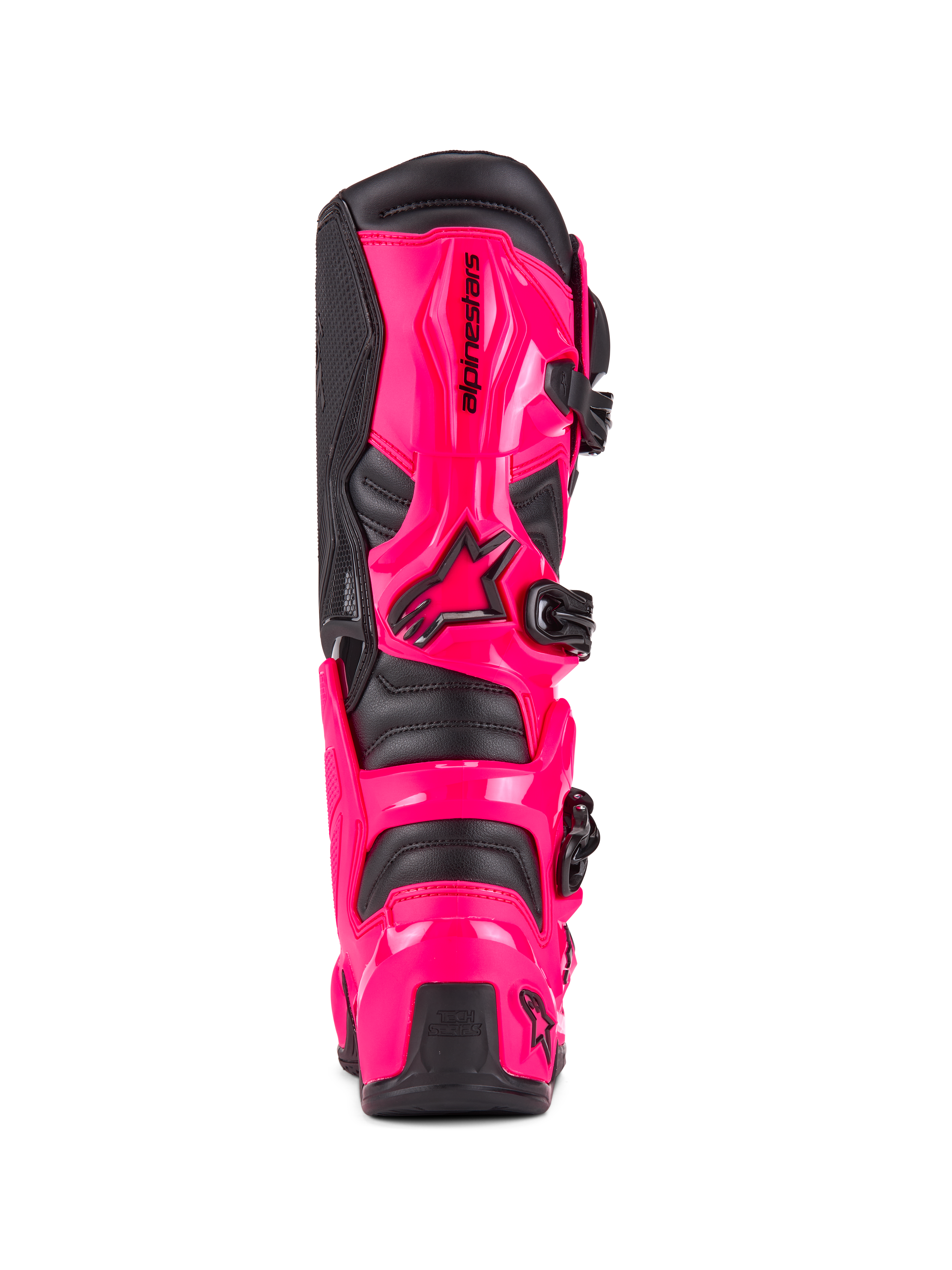 Alpinestars Tech 7 Boots, Motocross Boots, Diva Pink and Black, rear view showing high-impact TPU heel and calf protection, black buckle system, durable construction for off-road riding