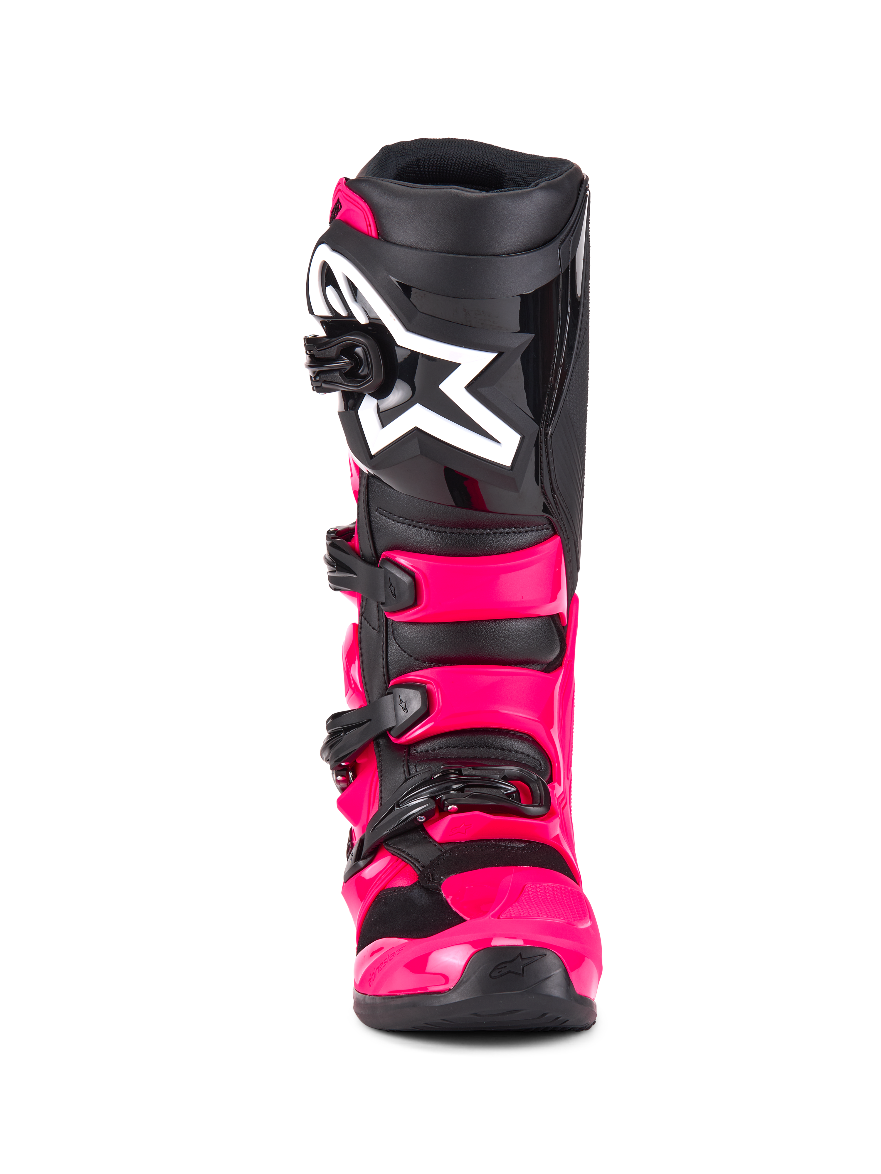Alpinestars Tech 7 Boots, Motocross Boots, Diva Pink Black, front view, featuring a bright pink TPU shell and straps, black shin plate with a large white Alpinestars star logo, and secure black buckles.