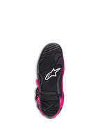 Alpinestars Tech 7 Boots, Motocross Boots, Diva Pink and Black, bottom view of the outsole showing the black textured rubber sole, white Alpinestars logo, and wear limit indicator, high-performance off-road footwear