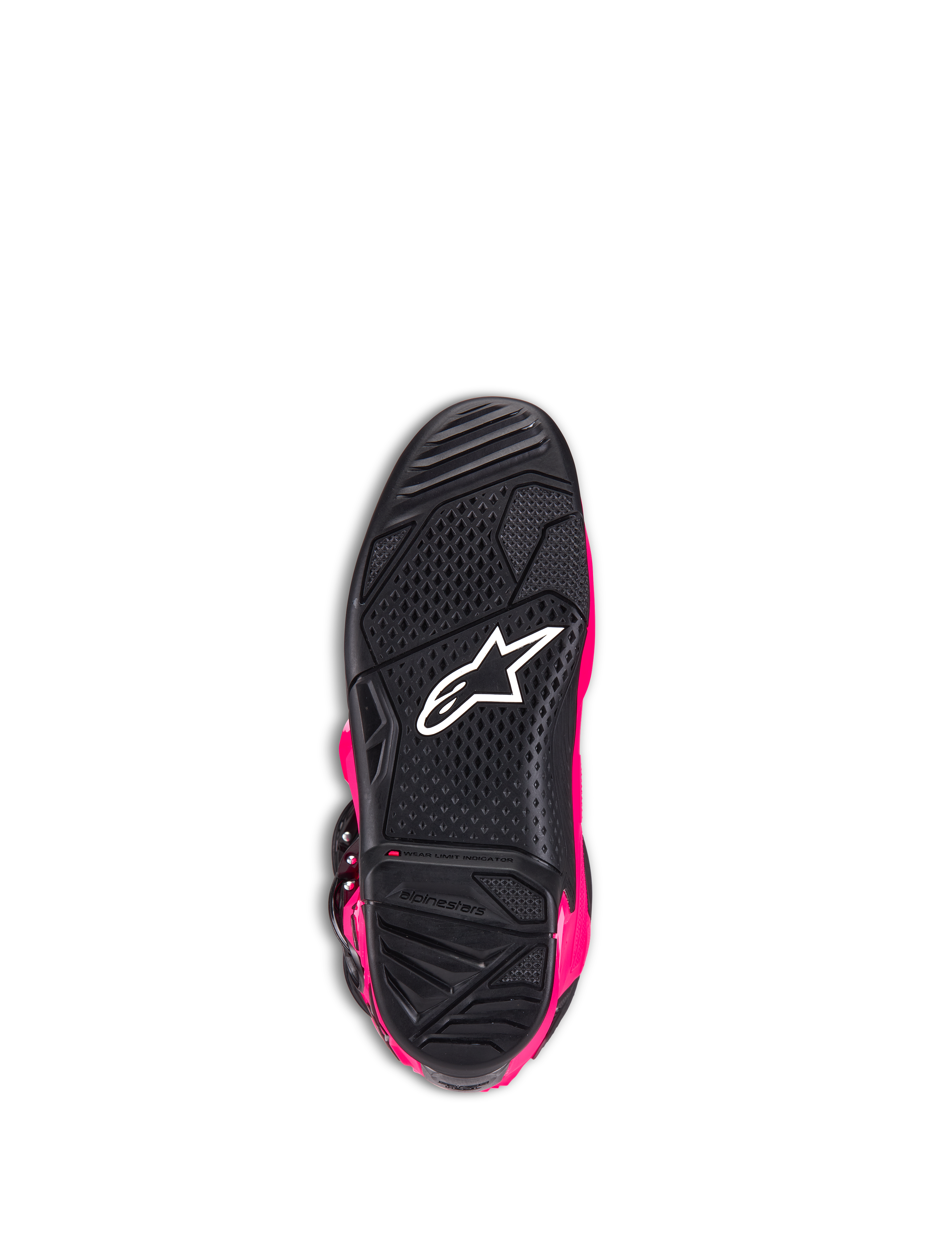 Alpinestars Tech 7 Boots, Motocross Boots, Diva Pink and Black, bottom view of the outsole showing the black textured rubber sole, white Alpinestars logo, and wear limit indicator, high-performance off-road footwear