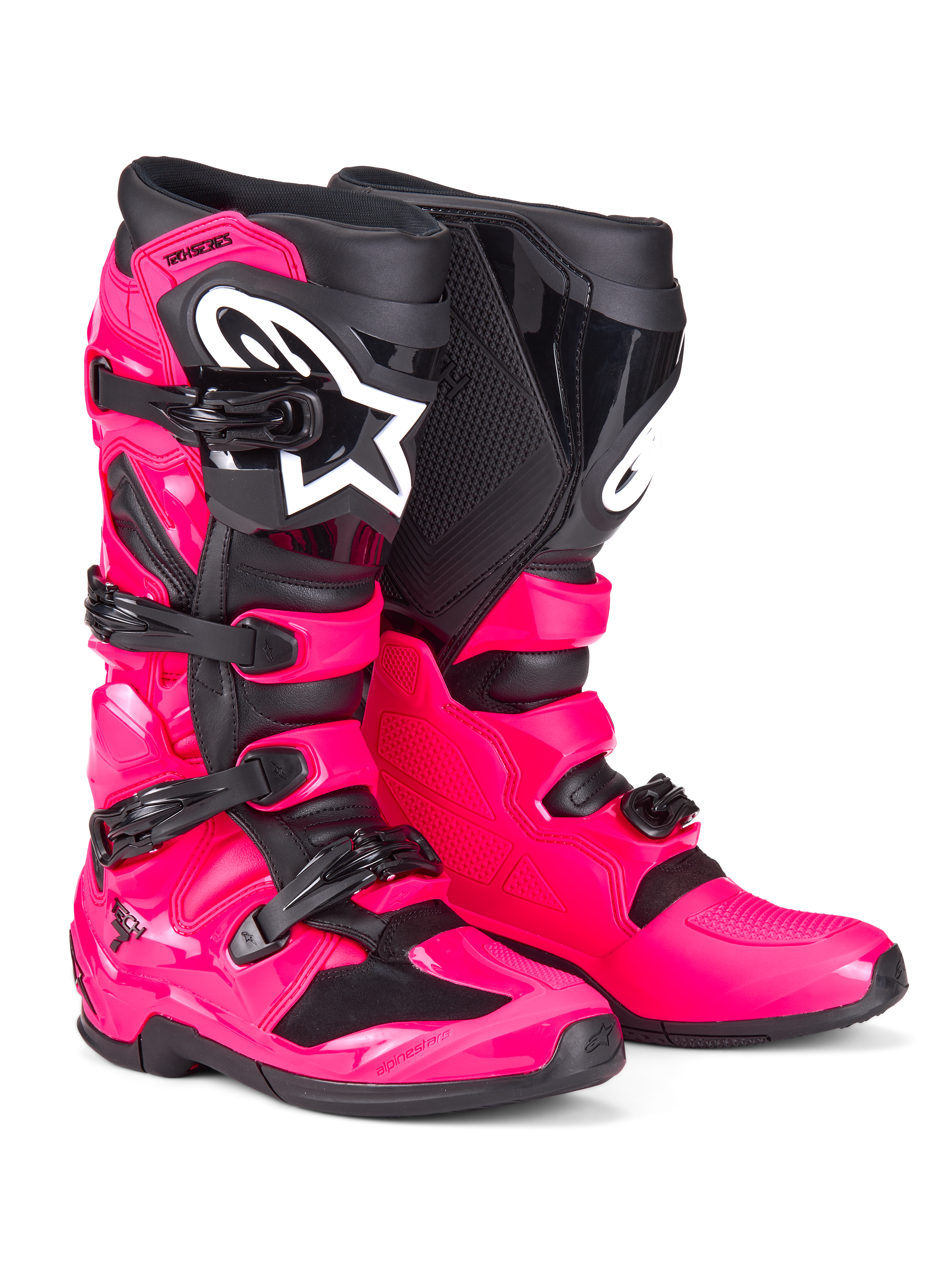 Alpinestars Tech 7 Boots, Motocross Boots, Diva Pink and Black, featuring a rugged TPU shell, four-buckle closure system, and prominent white Alpinestars logo, high-performance off-road footwear
