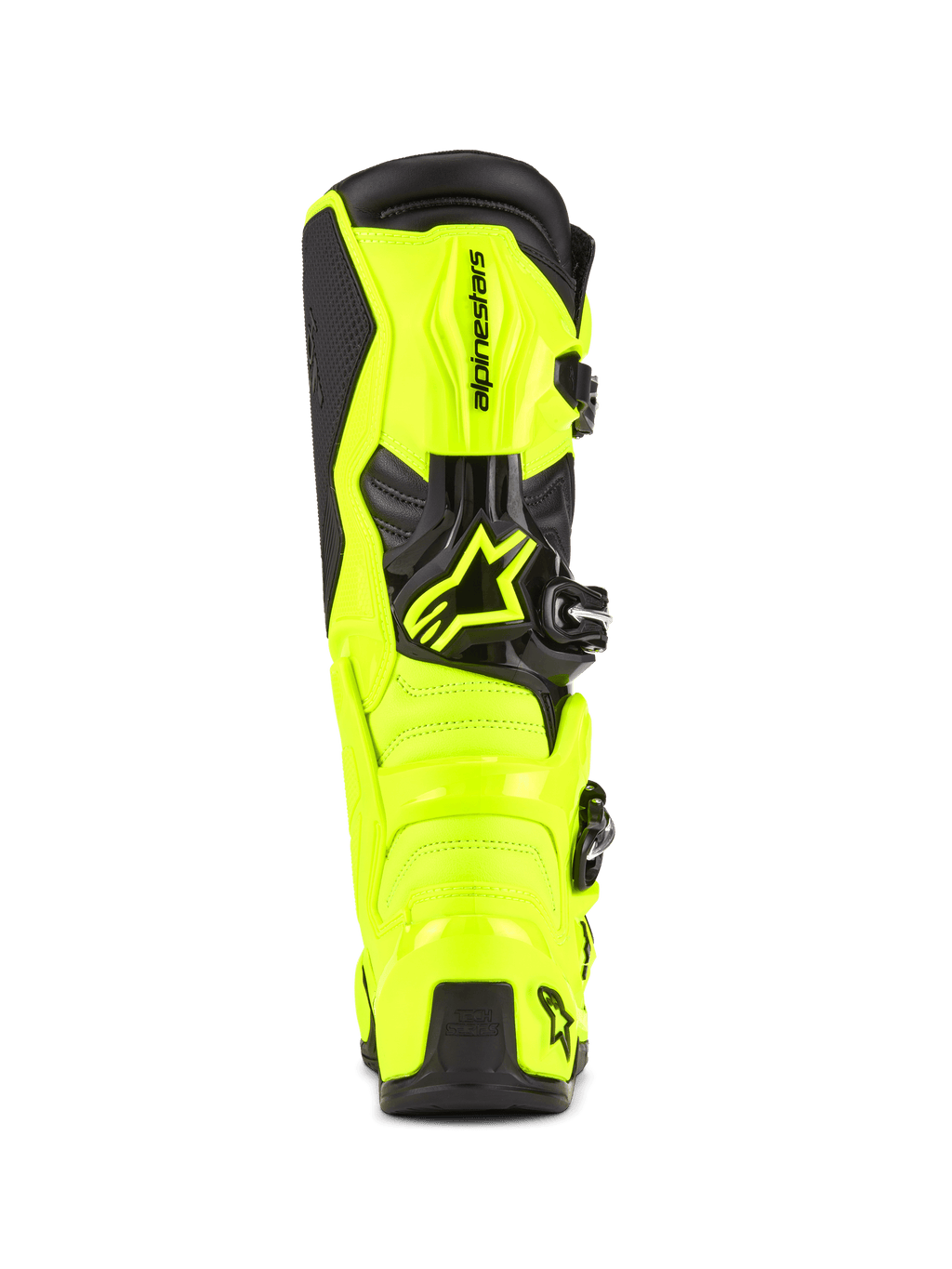 Alpinestars Tech 7 motorcrosslaarzen, geel fluo en zwart, achteraanzicht met beschermende TPU-constructie en hielkap, prominent Alpinestars-logo, opvallend high-visibility ontwerp voor off-road prestaties