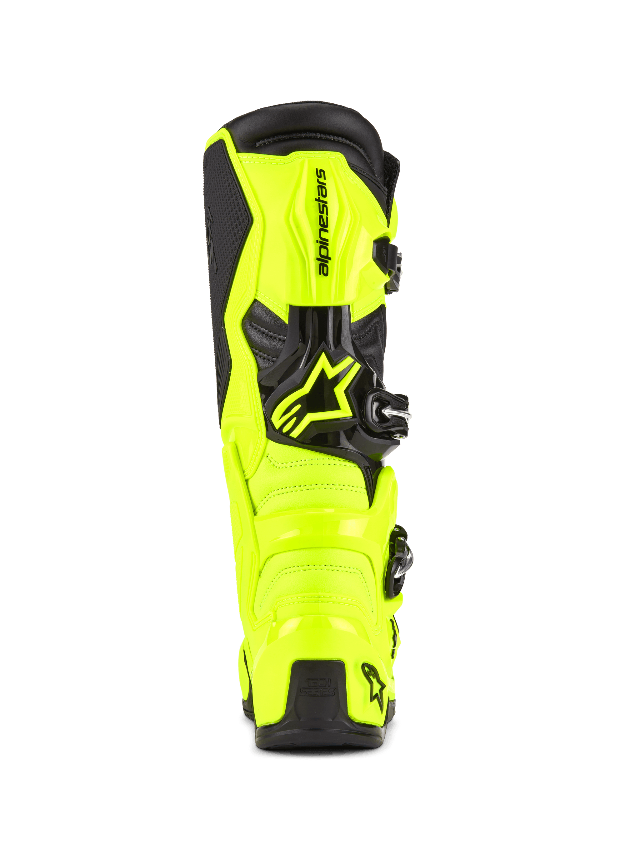 Alpinestars Tech 7 motorcrosslaarzen, geel fluo en zwart, achteraanzicht met beschermende TPU-constructie en hielkap, prominent Alpinestars-logo, opvallend high-visibility ontwerp voor off-road prestaties