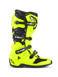 Alpinestars Tech 7 laarzen, motorcrosslaarzen, fluoriserend geel en zwart, zijaanzicht met een fel neongele TPU-schaal en vier zwarte gespen, versterkte hiel en neus, scharniersysteem voor flexibiliteit en een professionele off-road race-uitstraling