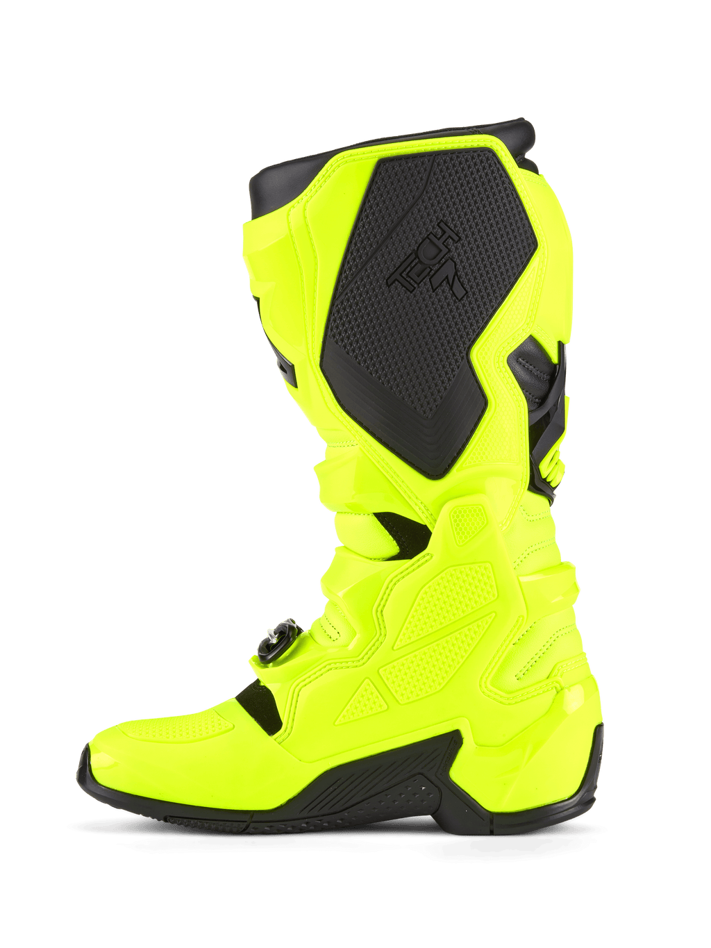 Alpinestars Tech 7 laarzen, motorcrosslaarzen, fluogeel en zwart, zijprofiel met nadruk op de TPU-schaalconstructie, het gespsluitingsysteem en zwarte beschermende panelen met merknaam, ontworpen voor duurzaamheid en off-road racen