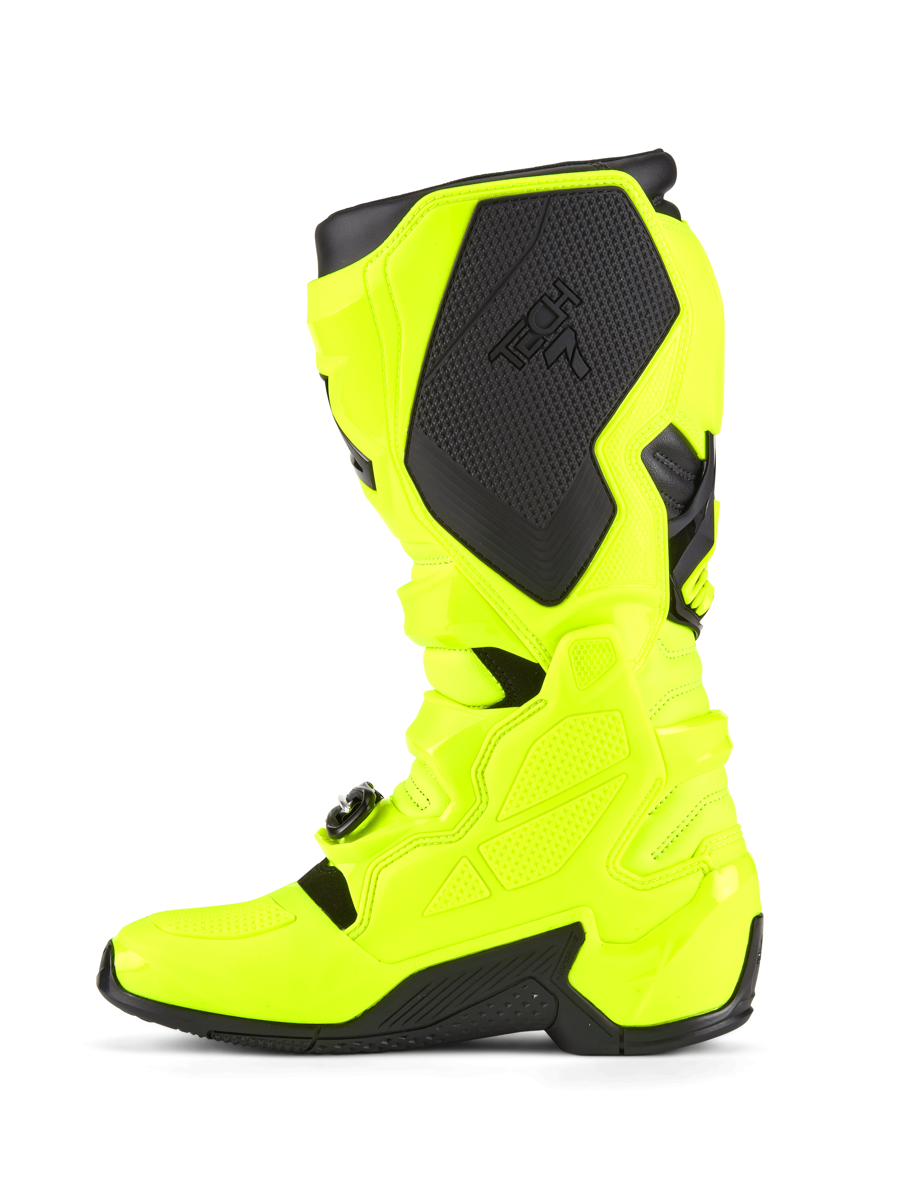Alpinestars Tech 7 laarzen, motorcrosslaarzen, fluogeel en zwart, zijprofiel met nadruk op de TPU-schaalconstructie, het gespsluitingsysteem en zwarte beschermende panelen met merknaam, ontworpen voor duurzaamheid en off-road racen