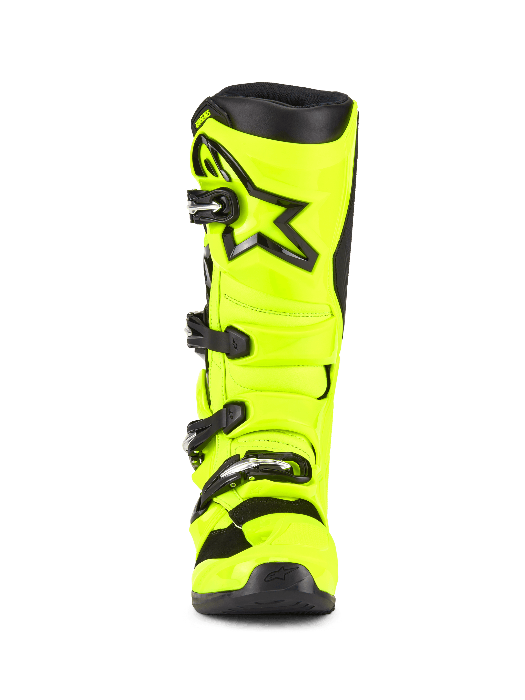 Alpinestars Tech 7 laarzen, motorcrosslaarzen, geel fluo en zwart, vooraanzicht, met een fel fluorescerende gele TPU-schaal, zwart Alpinestars-sterlogo op het scheenbeen, verstelbaar gespsluitingssysteem voor off-road prestaties