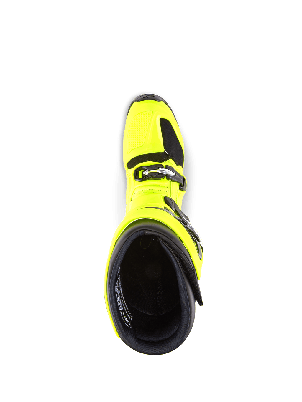 Alpinestars Tech 7 laarzen, motorcrosslaarzen, fluogeel en zwart, bovenaanzicht met blik in de binnenkant, toont het gespsluitsysteem en de gevoerde kraag
