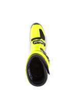 Alpinestars Tech 7 laarzen, motorcrosslaarzen, fluogeel en zwart, bovenaanzicht met blik in de binnenkant, toont het gespsluitsysteem en de gevoerde kraag
