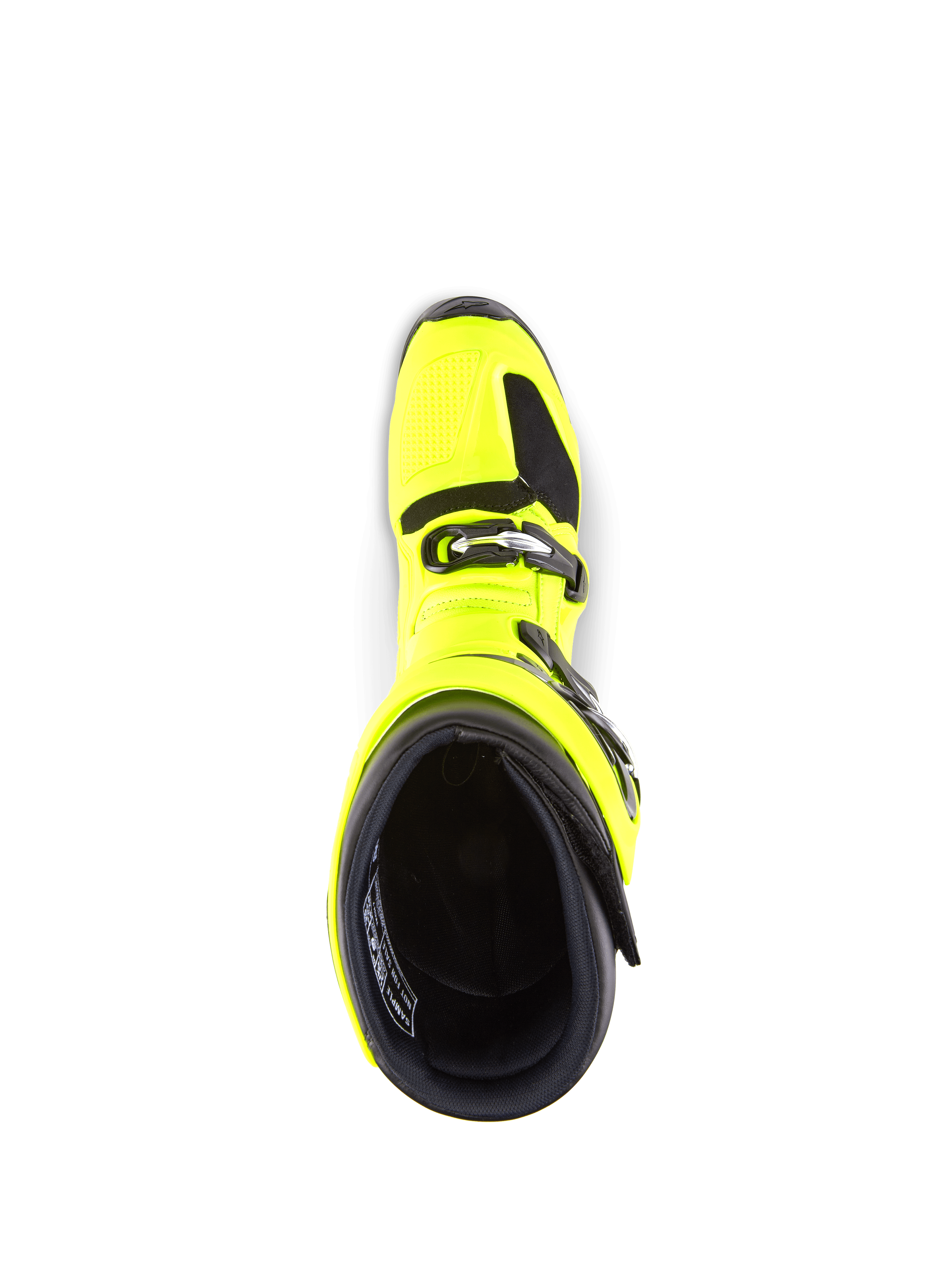 Alpinestars Tech 7 laarzen, motorcrosslaarzen, fluogeel en zwart, bovenaanzicht met blik in de binnenkant, toont het gespsluitsysteem en de gevoerde kraag