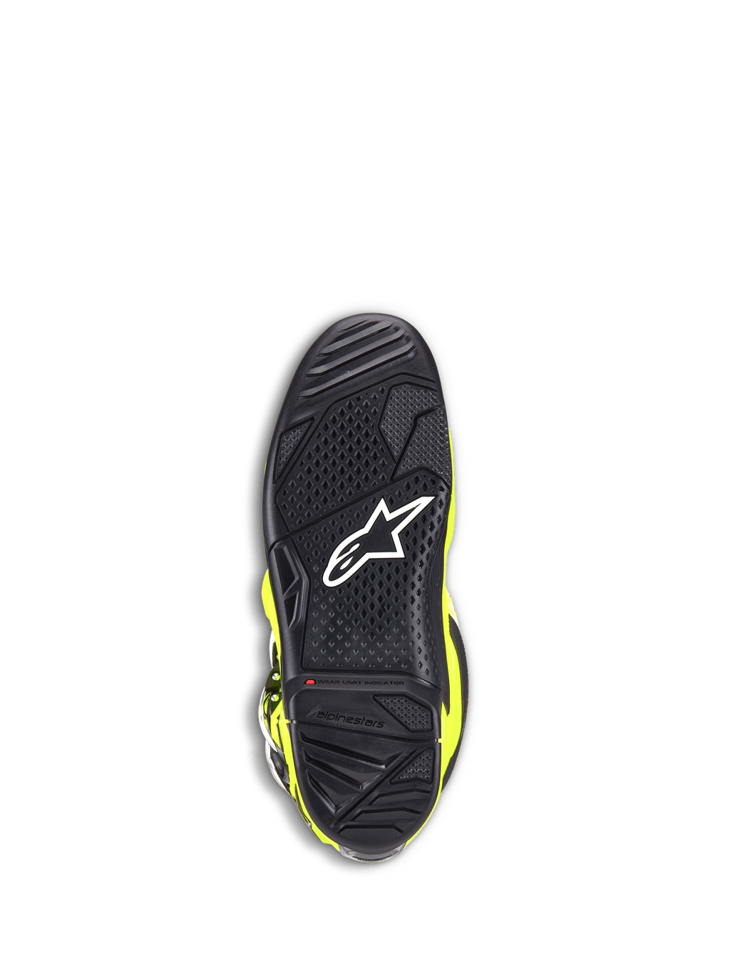 Alpinestars Tech 7 Laarzen, motocrosslaarzen, fluogeel en zwart, onderaanzicht van de zwarte rubberen zool met een getextureerd grippatroon, wit sterlogo en een rode slijtage-indicator voor off-road duurzaamheid