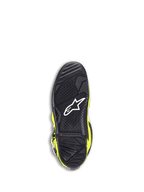 Alpinestars Tech 7 Laarzen, motocrosslaarzen, fluogeel en zwart, onderaanzicht van de zwarte rubberen zool met een getextureerd grippatroon, wit sterlogo en een rode slijtage-indicator voor off-road duurzaamheid