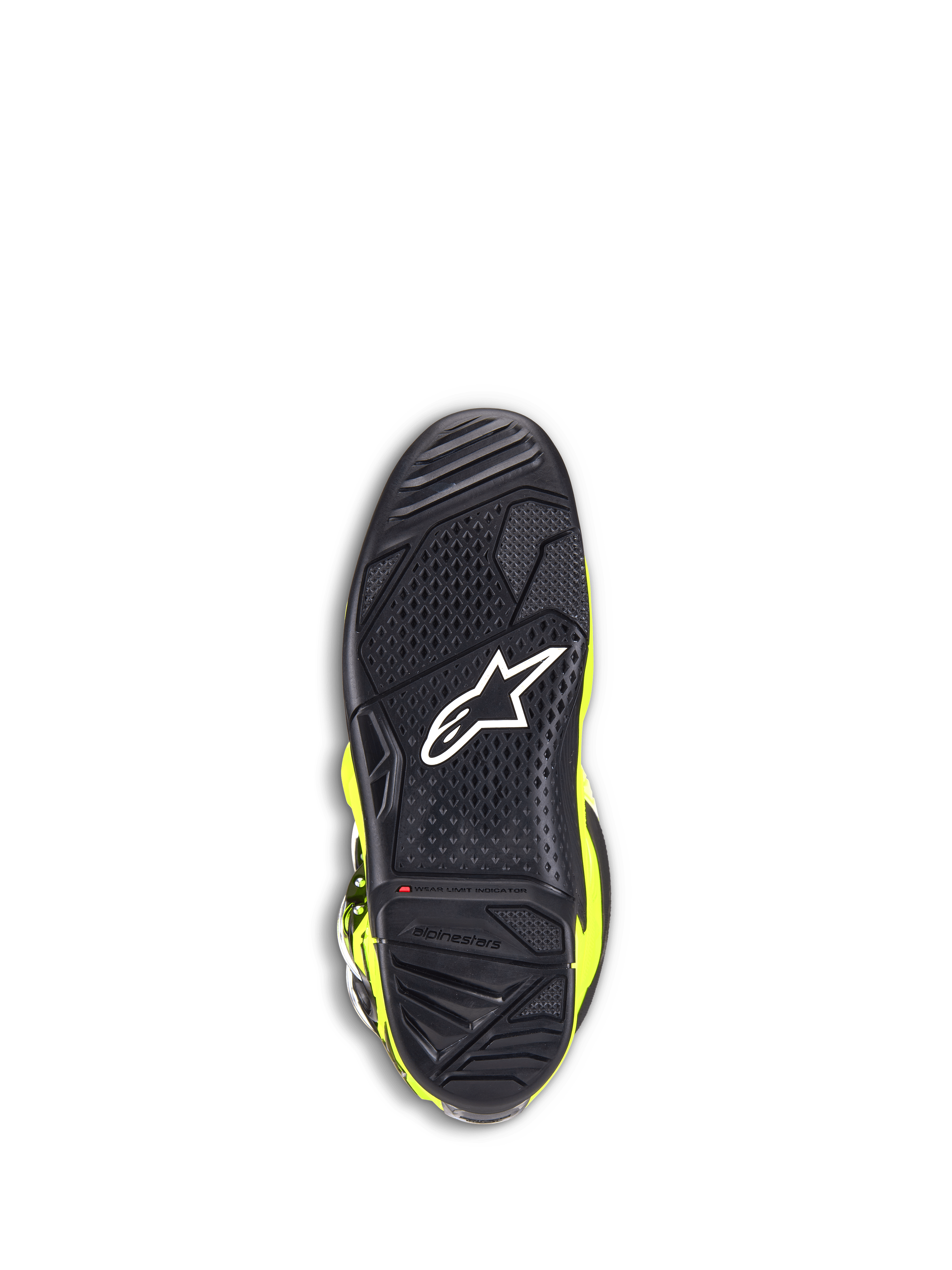 Alpinestars Tech 7 Laarzen, motocrosslaarzen, fluogeel en zwart, onderaanzicht van de zwarte rubberen zool met een getextureerd grippatroon, wit sterlogo en een rode slijtage-indicator voor off-road duurzaamheid