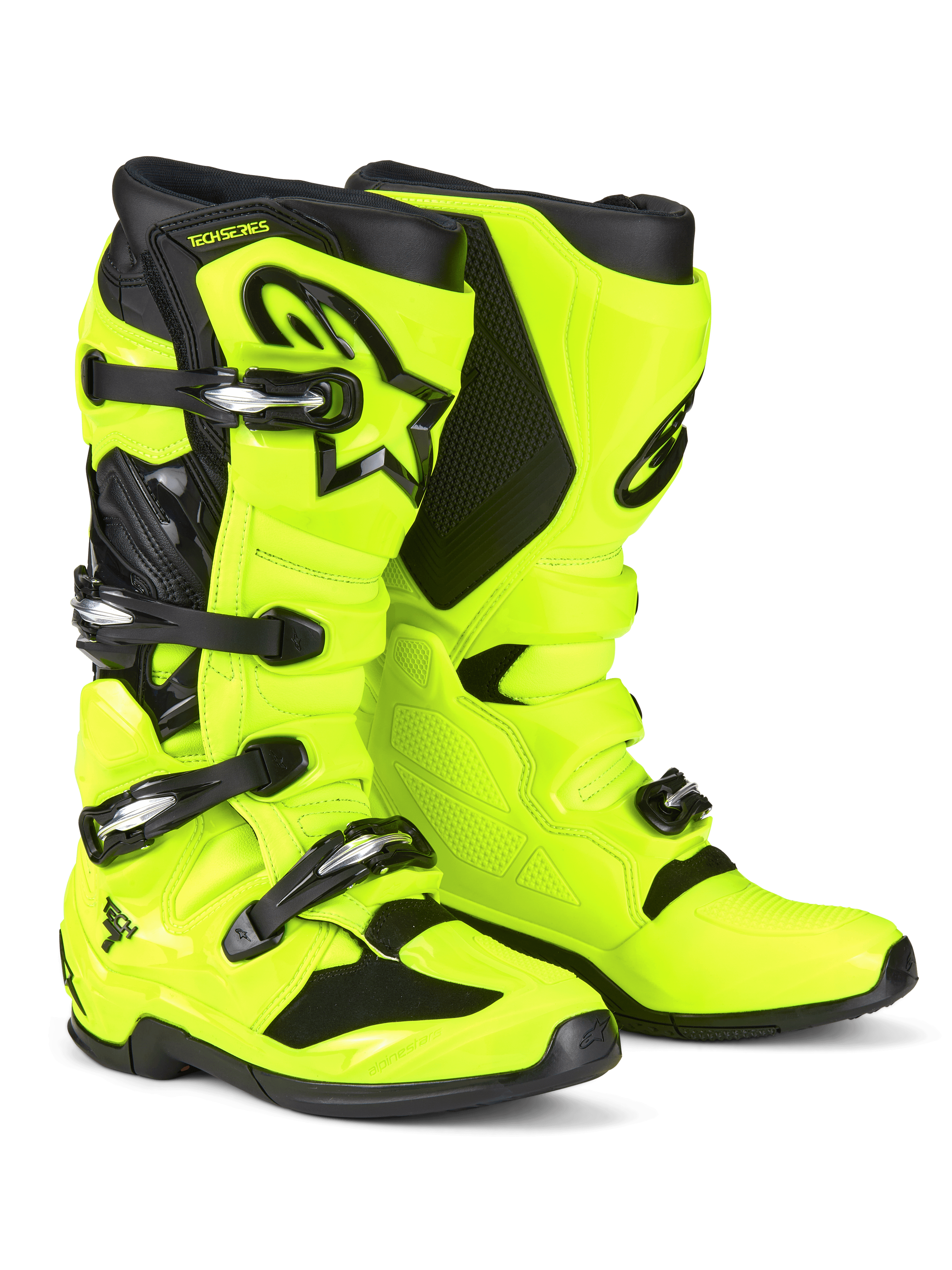 Alpinestars Tech 7 motocrosslaarzen, fluogeel en zwart, met een sluitsysteem met vier gespen, beschermende TPU-schaal, zwart Astars-logo op de scheenplaat en een robuuste dual-compound zool voor off-road racing