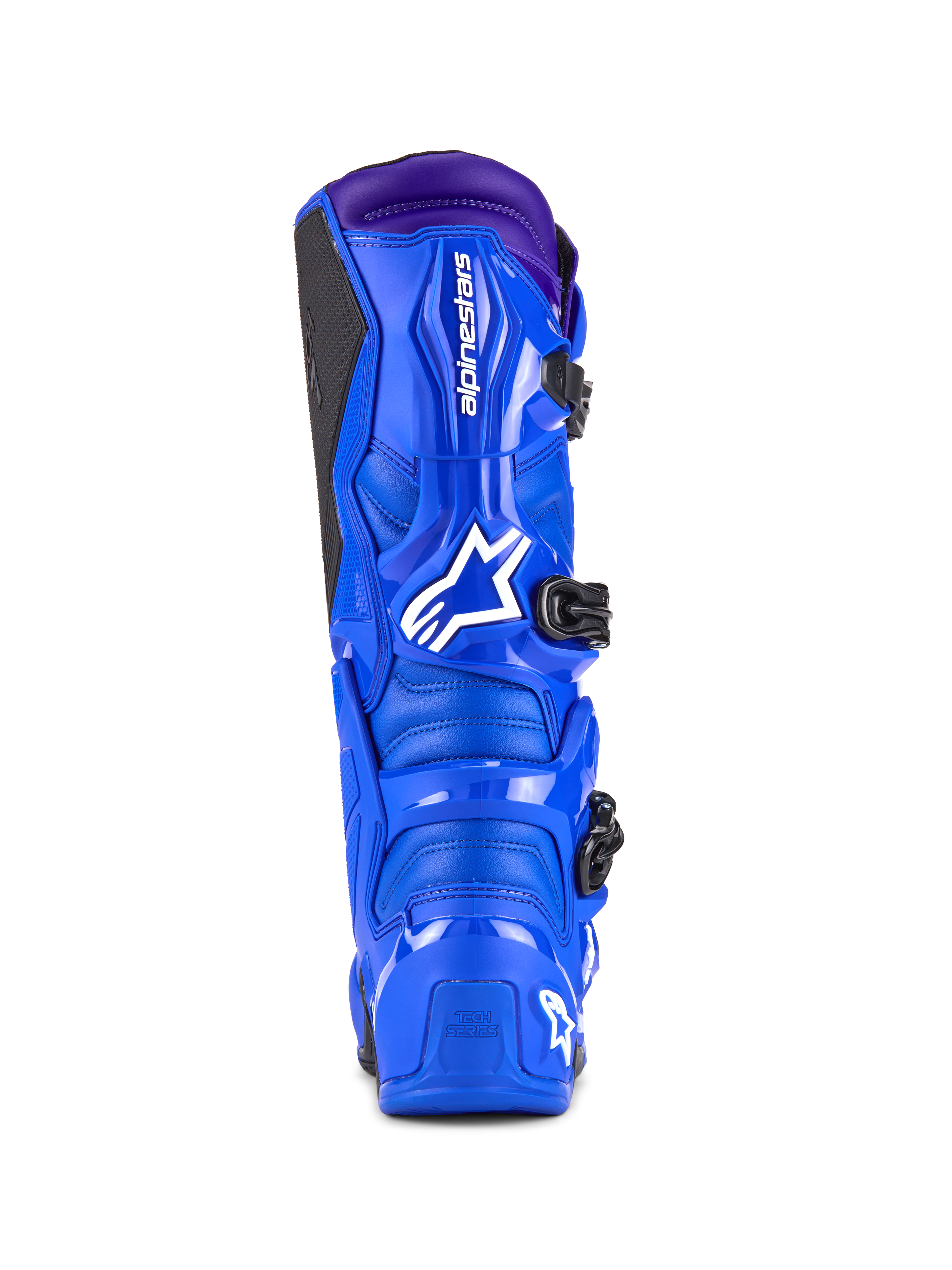 Alpinestars Tech 7 Boots, Motocross Boots, Blue with purple accents, rear view showing the TPU protection, white Alpinestars logo on the heel, and black side grip panel, high-performance off-road footwear