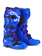 Alpinestars Tech 7 Boots, Motocross Boots, Blue and Purple, featuring white Alpinestars logos, TPU protective panels, four-buckle closure system, and rugged off-road sole design