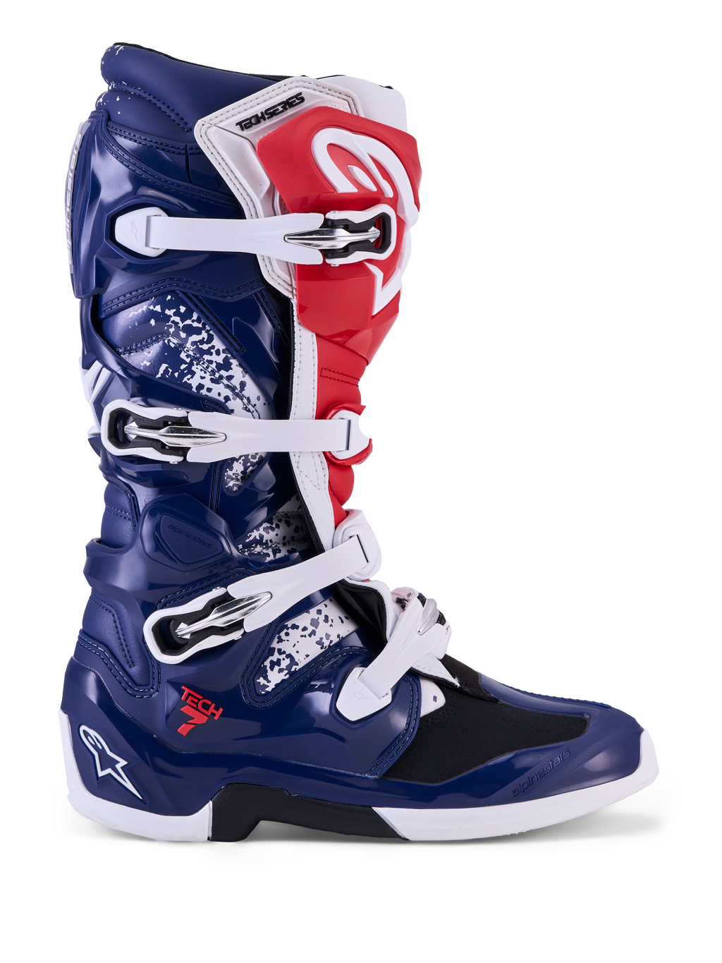 Alpinestars Tech 7 Unity motorlaarzen voor motorcross, rood, wit en blauw, beschermende TPU-schaal en gespsluiting.