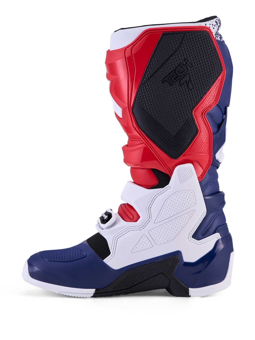 Alpinestars Tech 7 limited edition Unity motorcrosslaarzen, rood, wit en blauw, met TPU-panelen en stevige gespen.