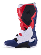 Alpinestars Tech 7 limited edition Unity motorcrosslaarzen, rood, wit en blauw, met TPU-panelen en stevige gespen.