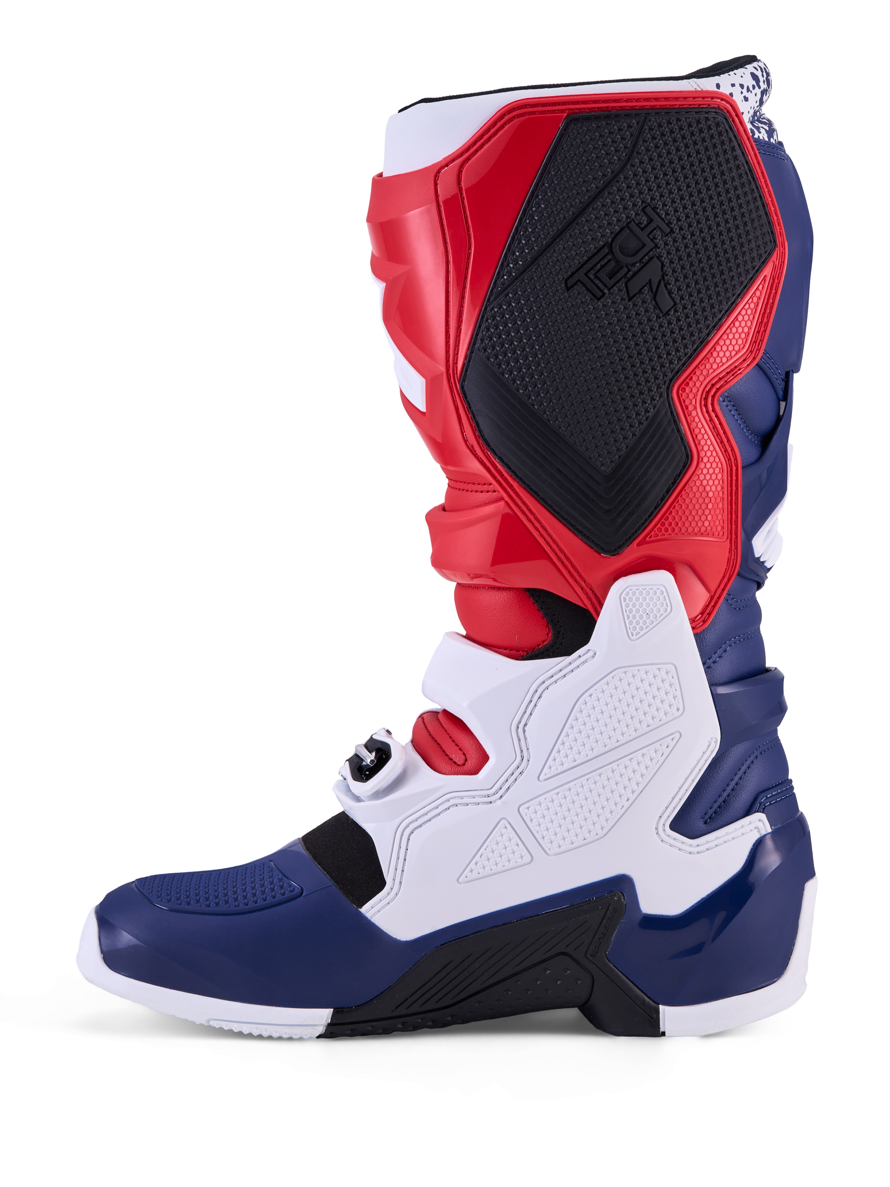 Alpinestars Tech 7 limited edition Unity motorcrosslaarzen, rood, wit en blauw, met TPU-panelen en stevige gespen.