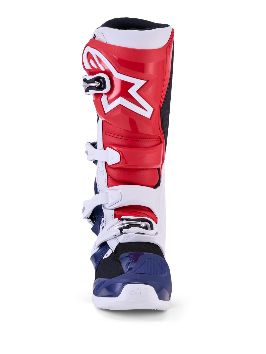 Alpinestars Limited Edition Tech 7 Unity motorcrosslaarzen, rood, wit en blauw, met beschermende TPU-constructie.