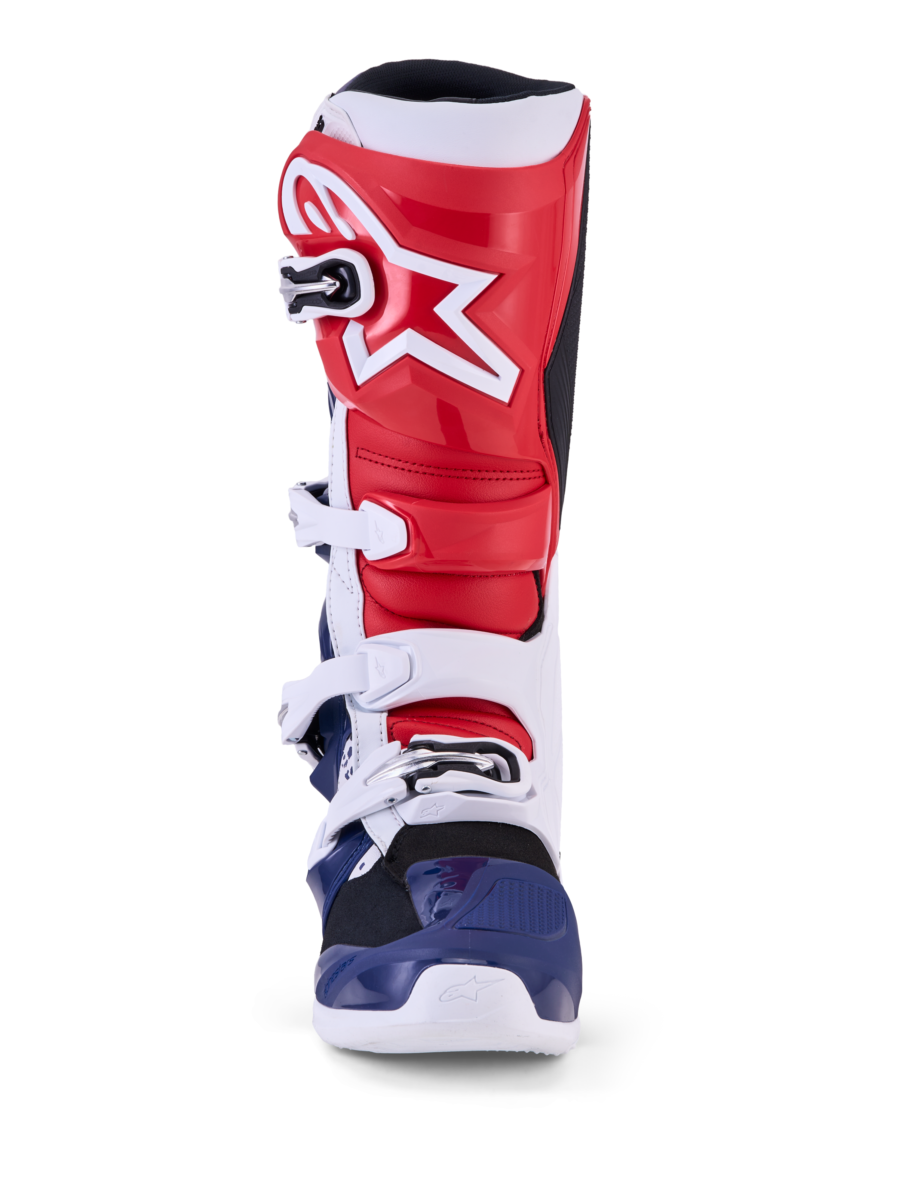 Alpinestars Limited Edition Tech 7 Unity motorcrosslaarzen, rood, wit en blauw, met beschermende TPU-constructie.