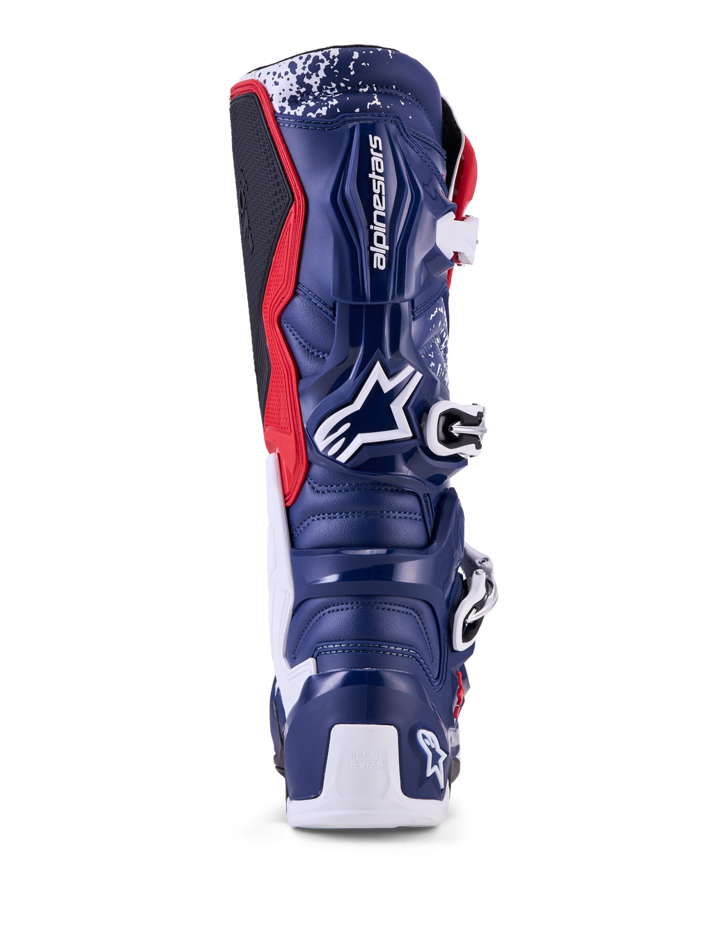 Alpinestars Limited Edition Tech 7 Unity motorlaarzen, motocross, rood, wit en blauw, achteraanzicht met TPU-bescherming.
