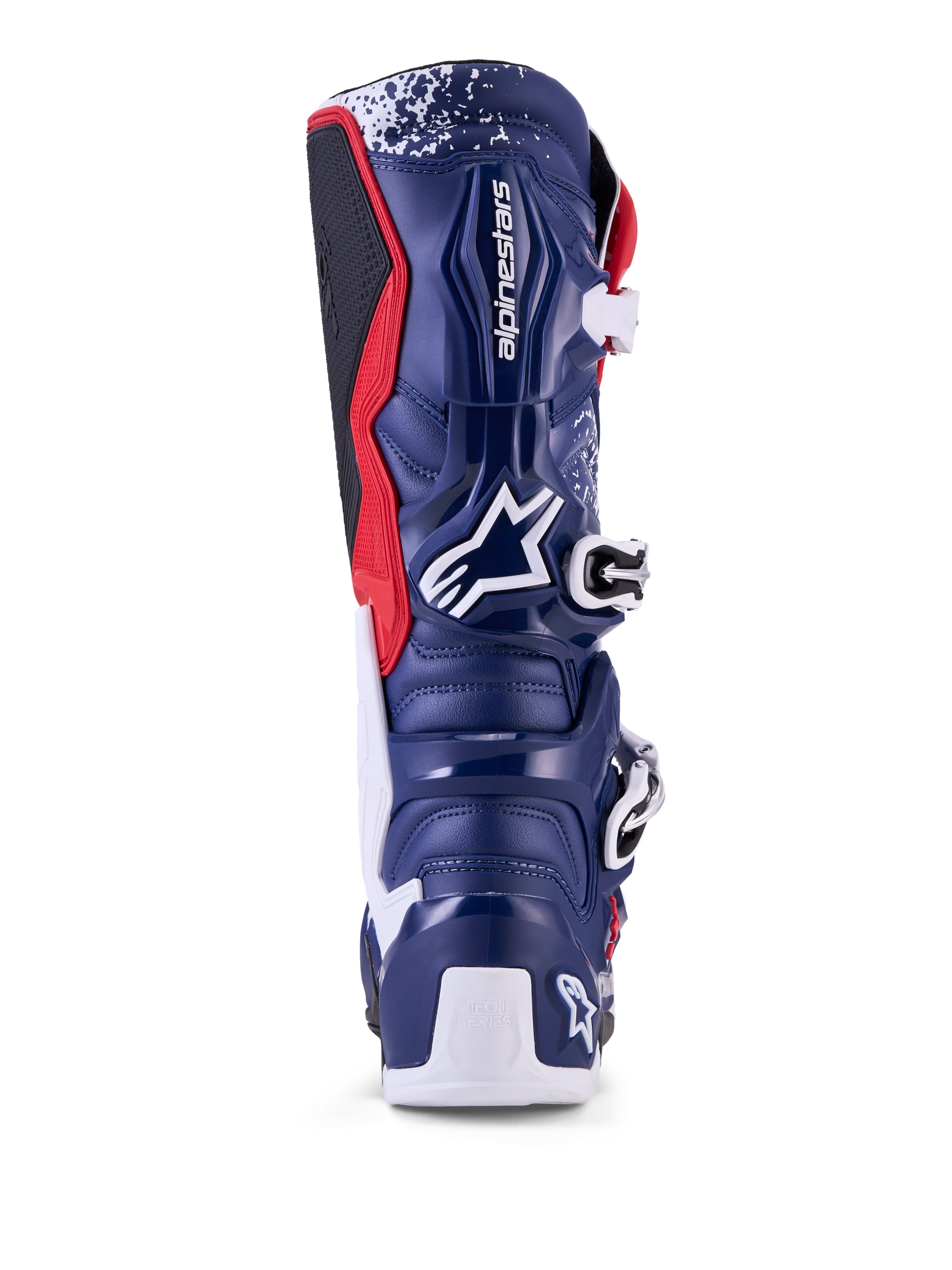 Alpinestars Limited Edition Tech 7 Unity motorlaarzen, motocross, rood, wit en blauw, achteraanzicht met TPU-bescherming.
