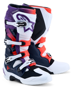 Alpinestars Tech 7 laarzen, motorcrosslaarzen, paars, wit, donkerblauw en fluo rood, CE-gecertificeerd met TPU-bescherming.