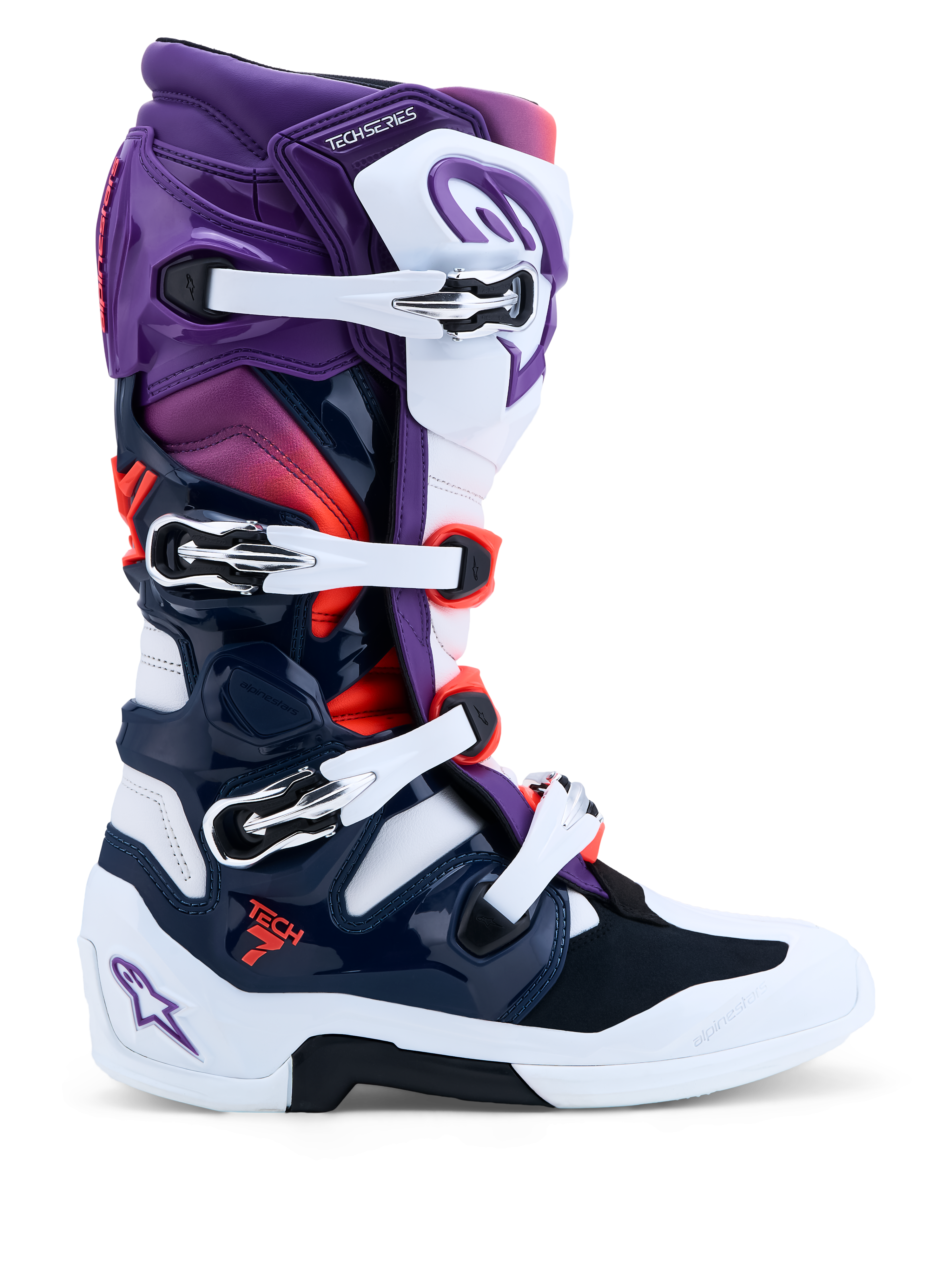 Alpinestars Tech 7 motorcrosslaarzen, paars, wit en donkerblauw, met dubbel pivotsysteem en CE-gecertificeerde bescherming.