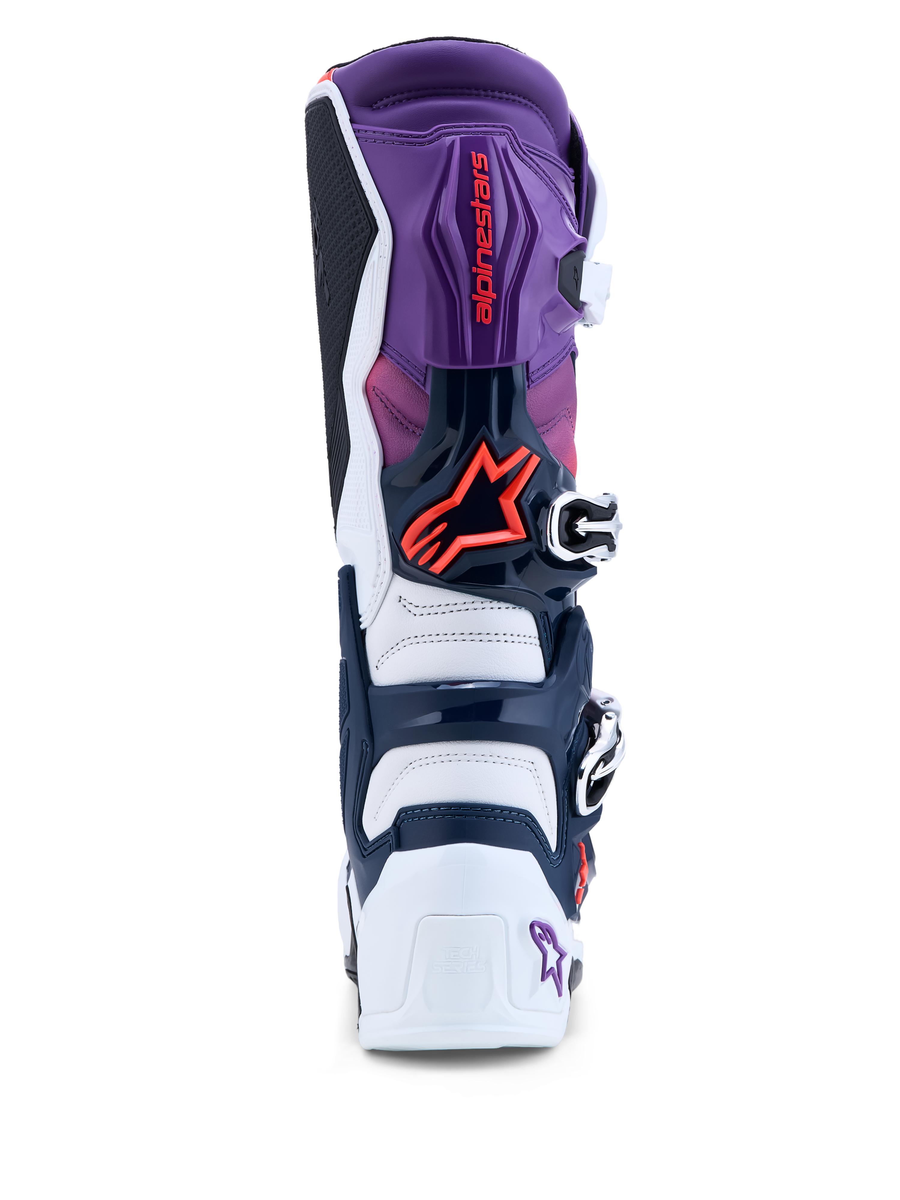 Alpinestars Tech 7 laarzen, herenmotorcrosslaarzen, achteraanzicht in paars en wit met fluo rode TPU-bescherming.