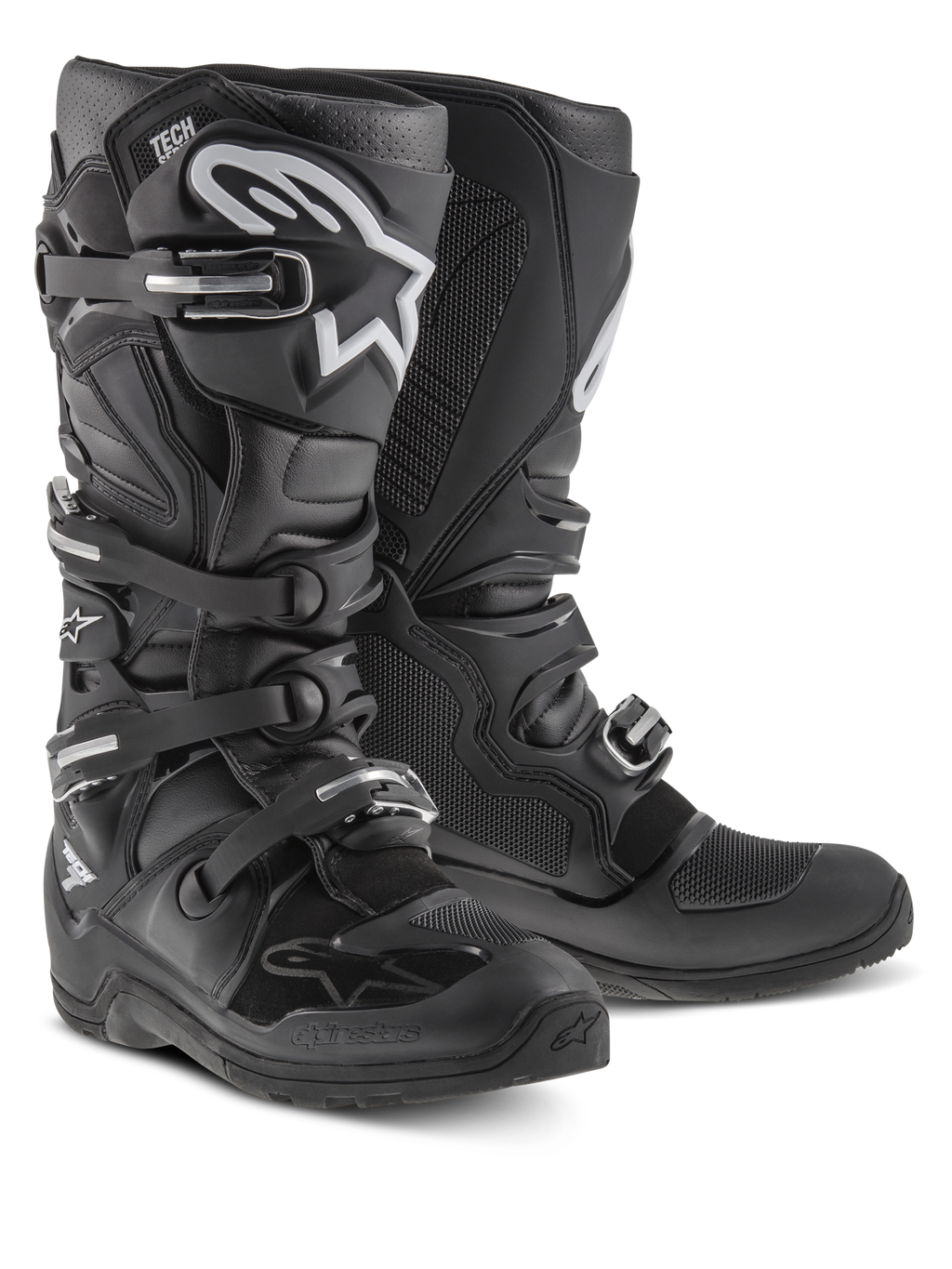 Alpinestars Tech 7 Enduro laarzen, motorcross- en off-roadlaarzen, zwart met wit Alpinestars-logo, voorzien van vier verstelbare gespen, TPU-scheenplaat en duurzame Enduro-specifieke zool.