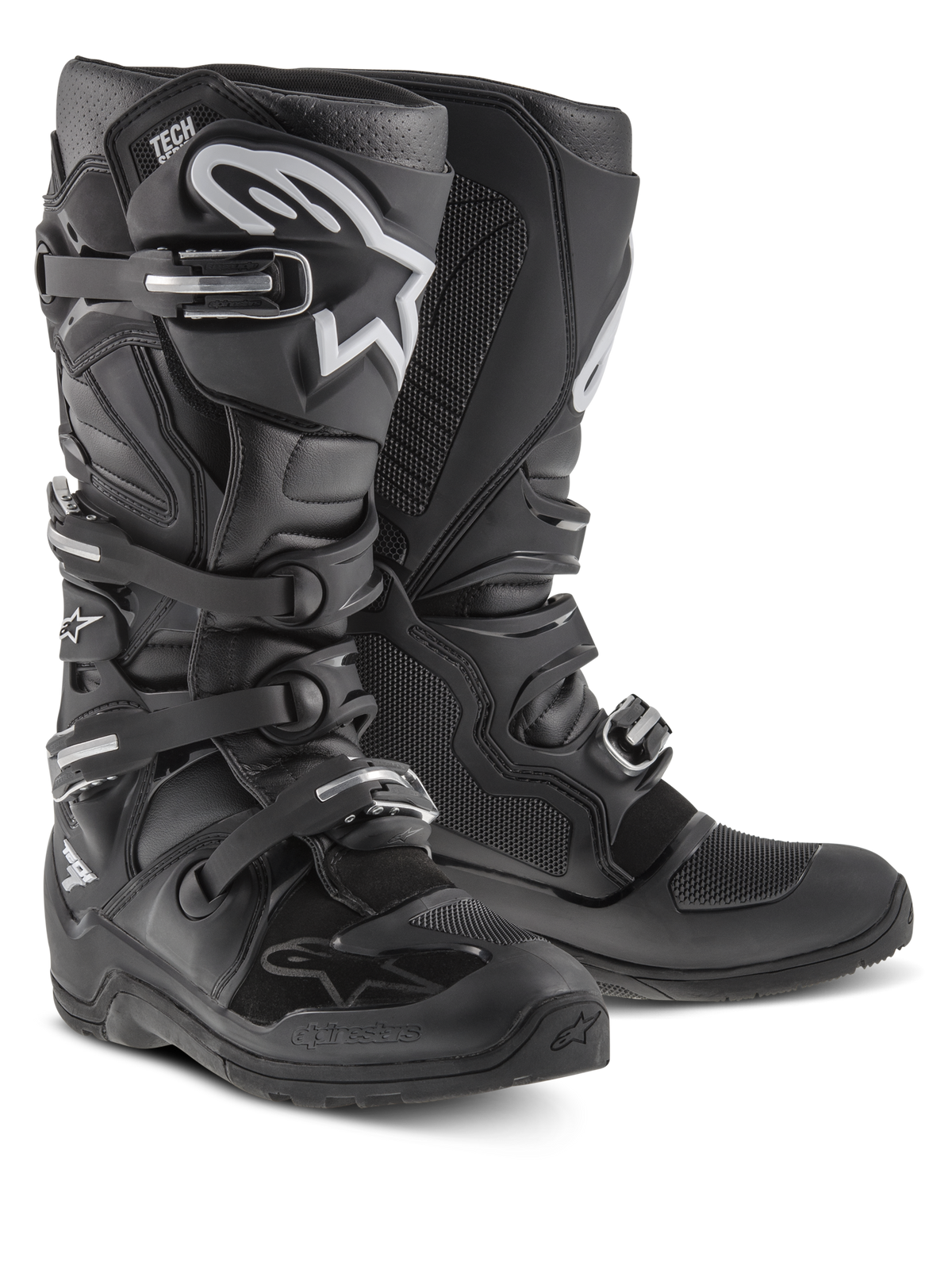 Alpinestars Tech 7 Enduro laarzen, motorcross- en off-roadlaarzen, zwart met wit Alpinestars-logo, voorzien van vier verstelbare gespen, TPU-scheenplaat en duurzame Enduro-specifieke zool.