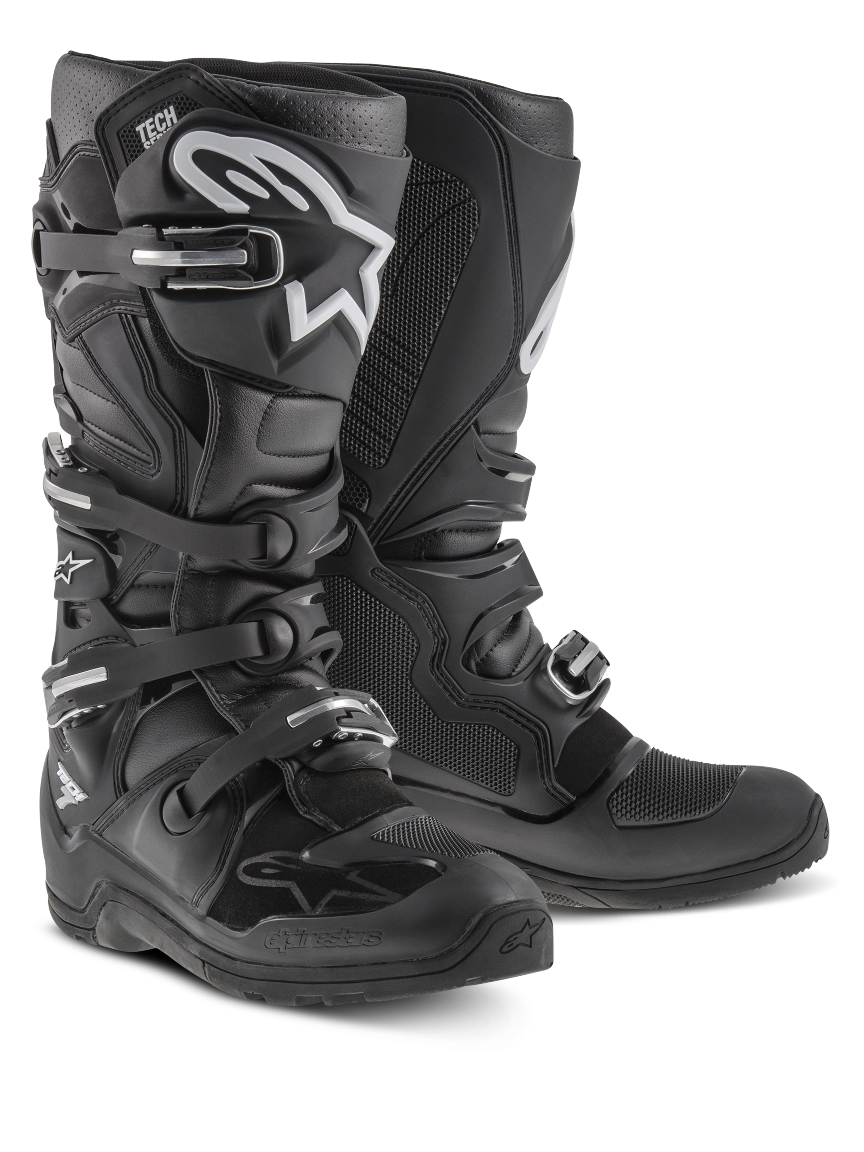 Alpinestars Tech 7 Enduro laarzen, motorcross- en off-roadlaarzen, zwart met wit Alpinestars-logo, voorzien van vier verstelbare gespen, TPU-scheenplaat en duurzame Enduro-specifieke zool.